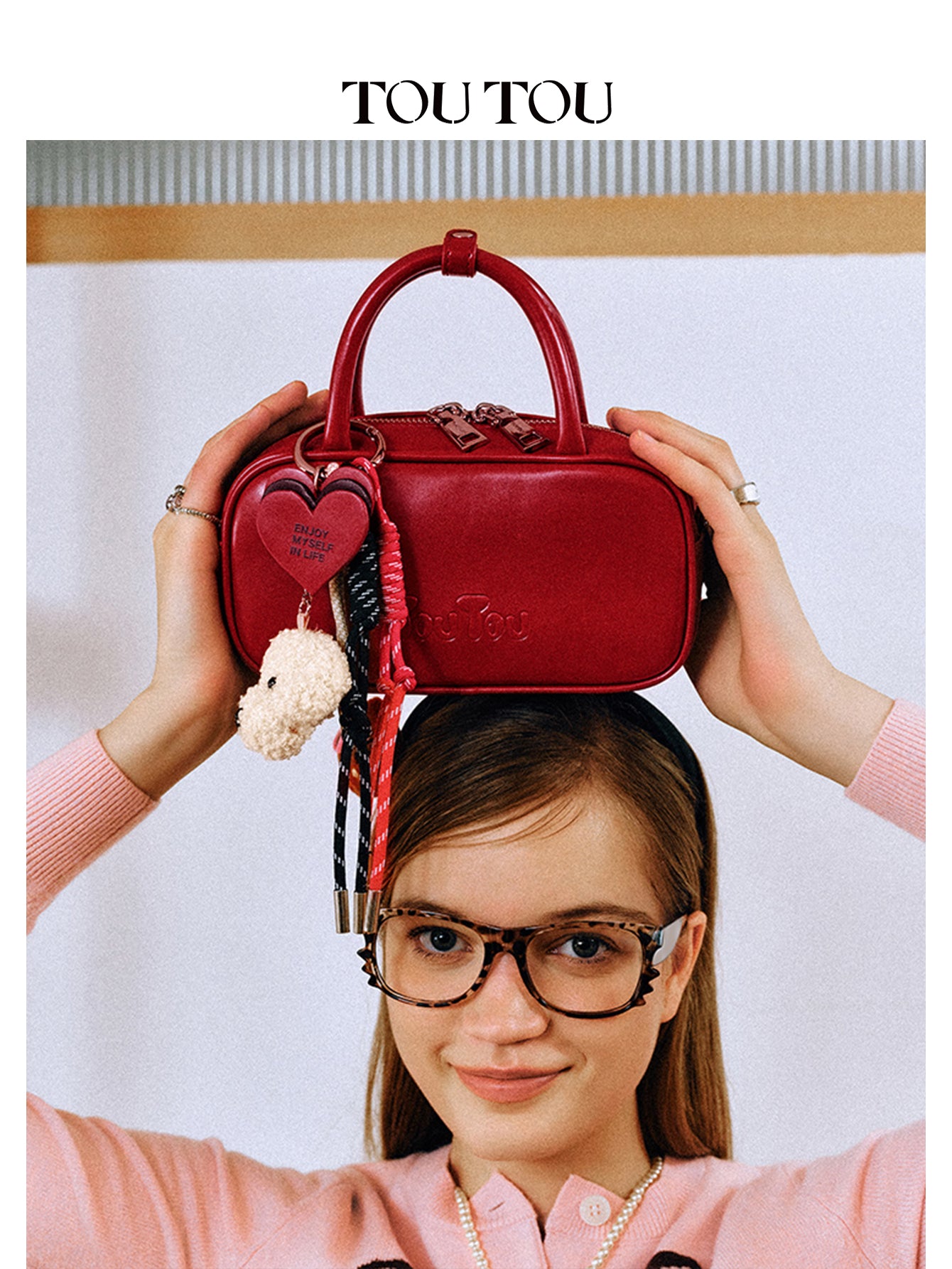 TOUTOU Mini Red Bowling Bag with Plush Pendant: Cute & Compact Daily Essential