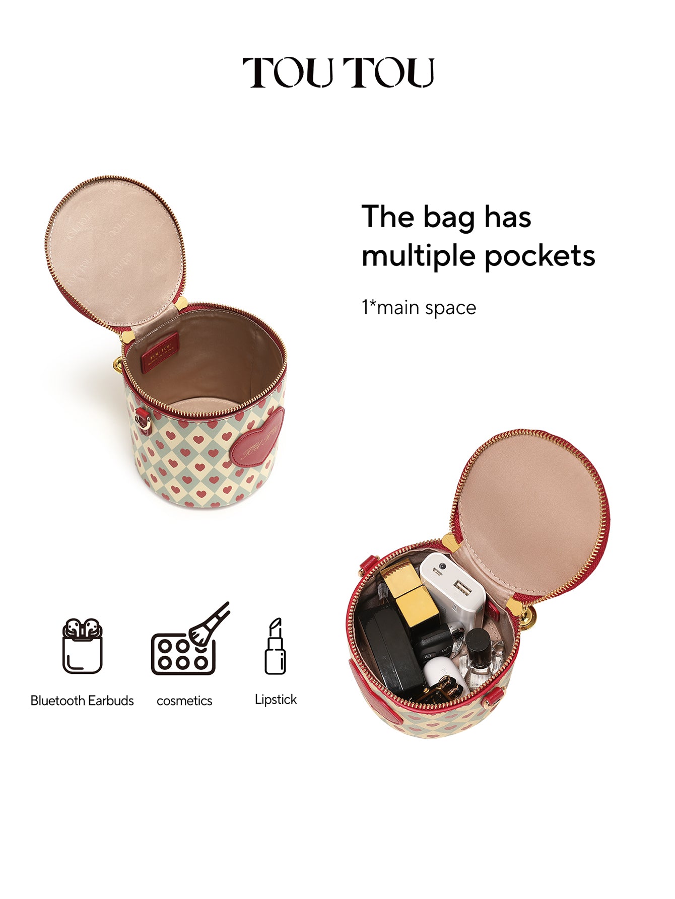 TOUTOU Heart Print Cylinder Crossbody Bag - Cute Bow Decor Mini Shoulder Bag with Chain Strap