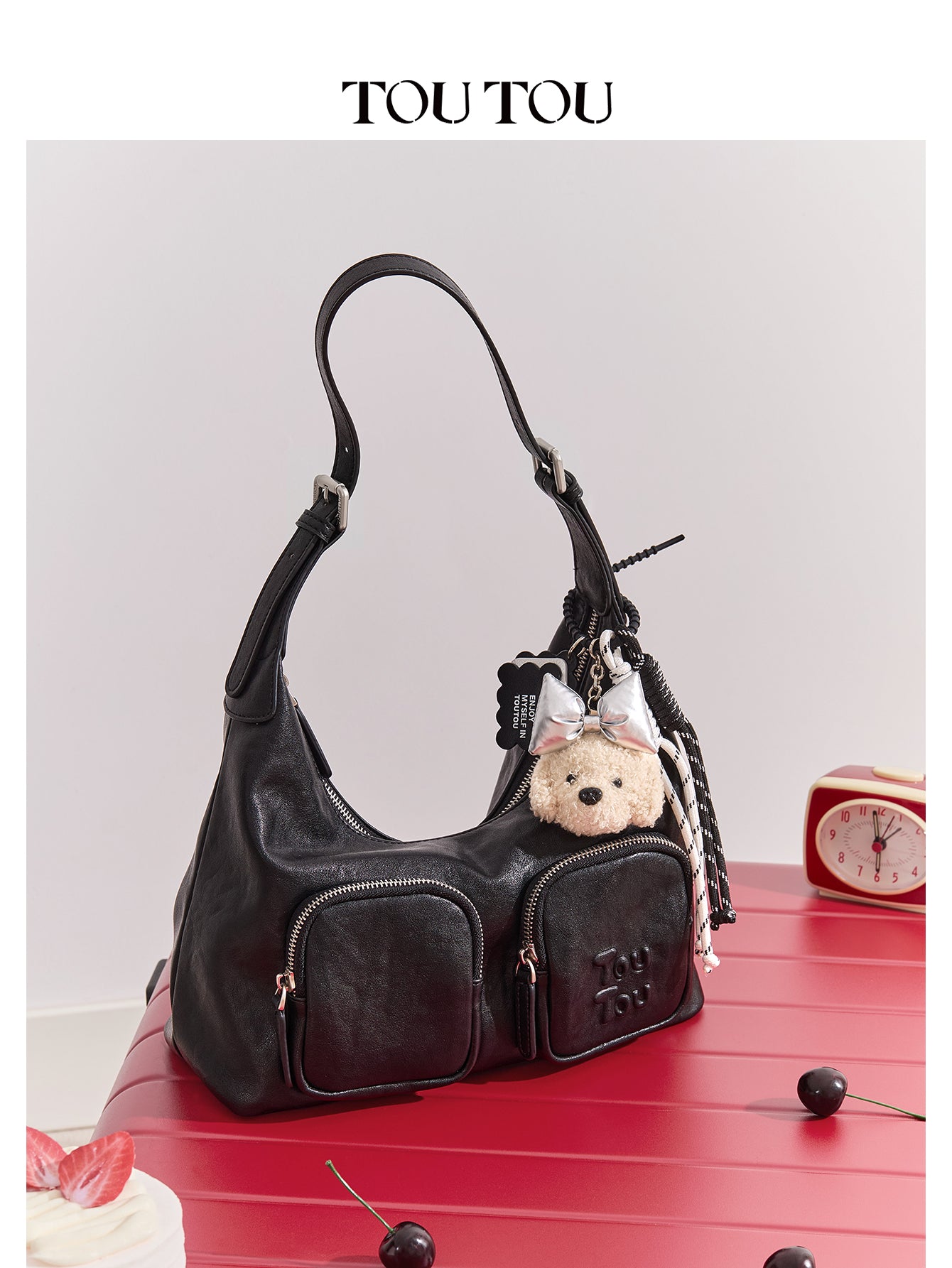 TOUTOU Black Hobo Bag with Plush Bear Pendant: Edgy & Cute
