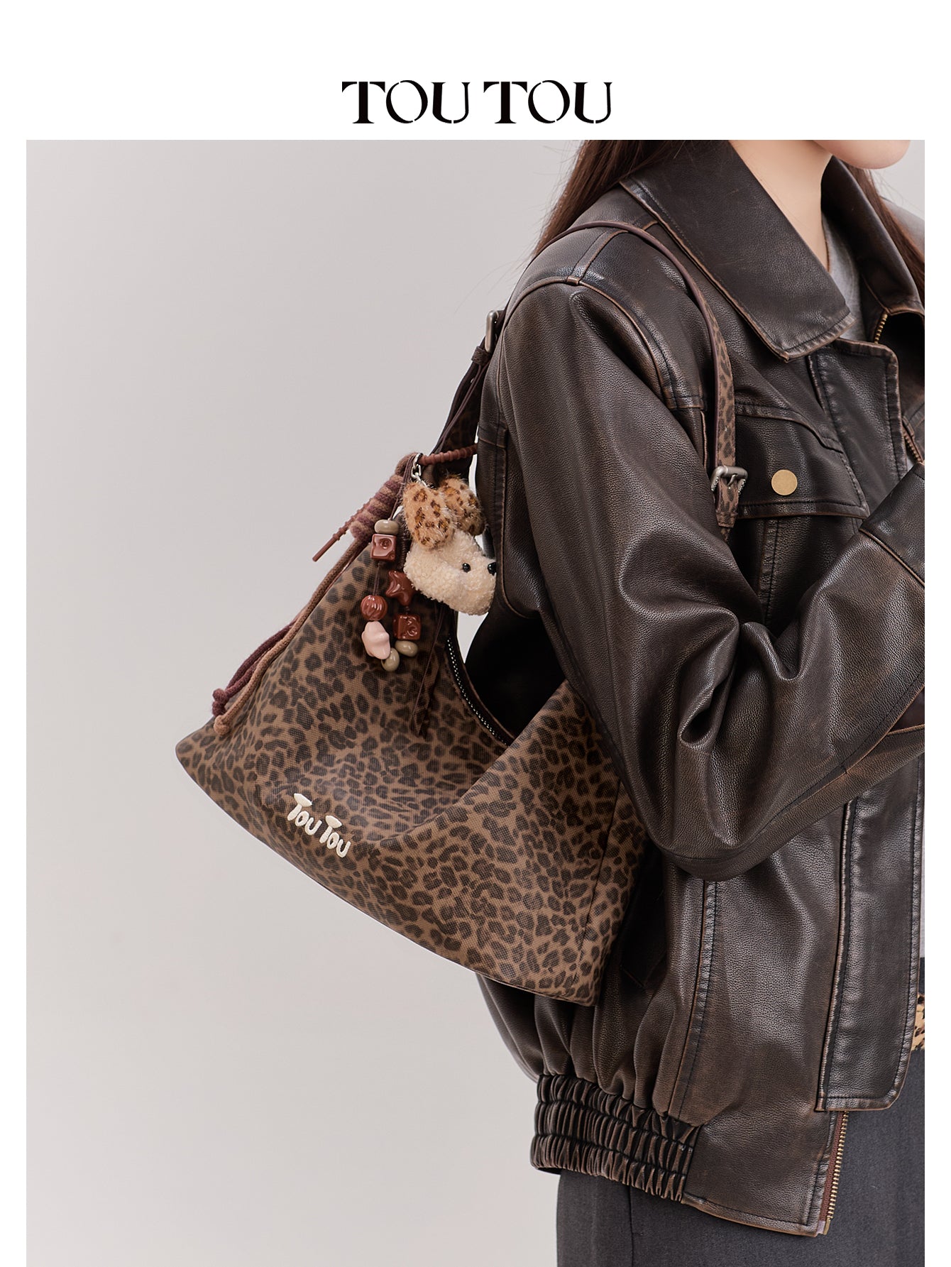 TOUTOU Leopard Print Hobo Bag for Women with Plush Puppy Pendant | Adjustable Strap & Synthetic Leather