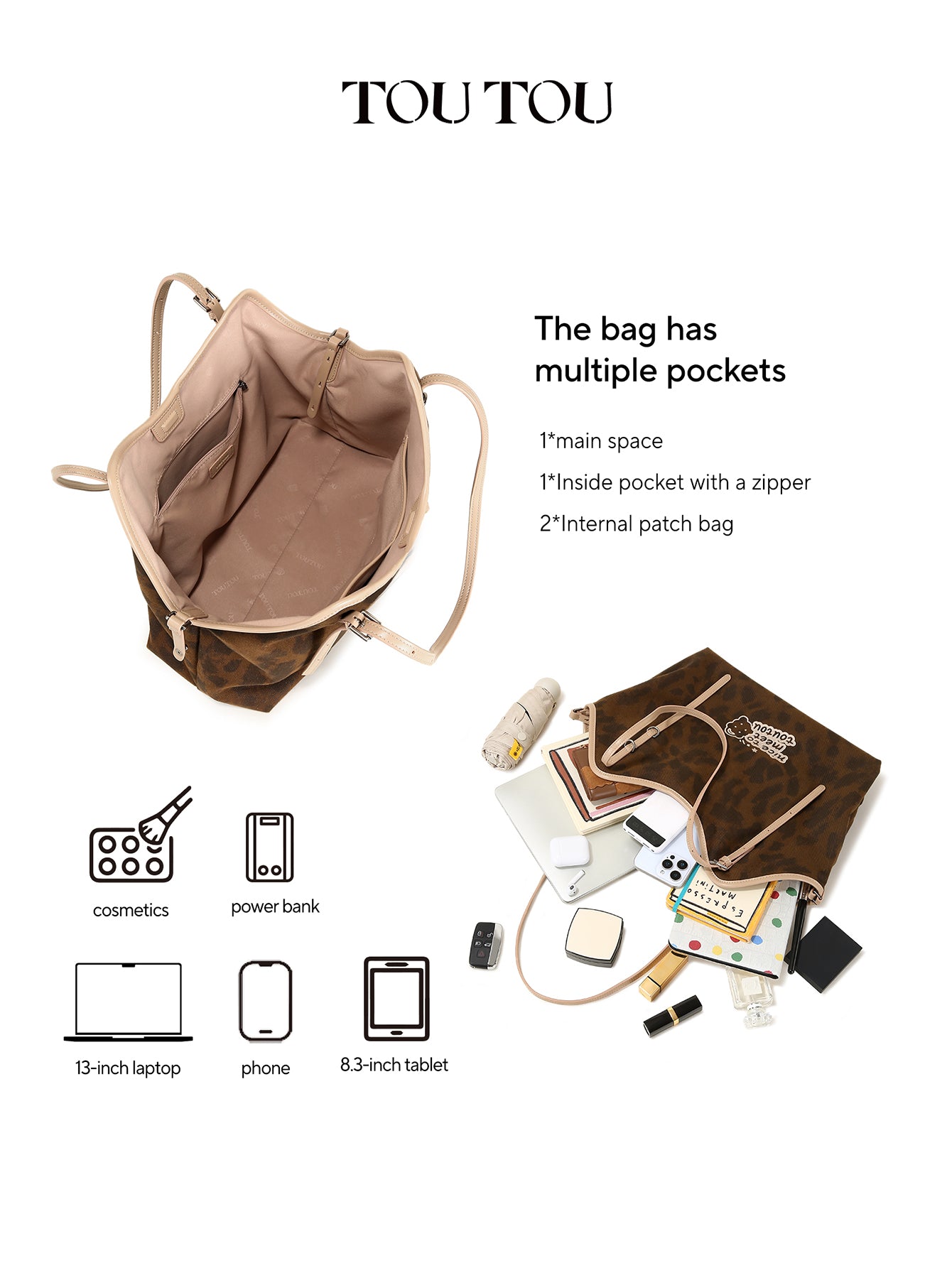 TOUTOU Leopard Print Tote Bag with “Nice to Meet Toutou” Embroidery - Spacious Shoulder Bag for Daily Use (Fits 13" Laptop)