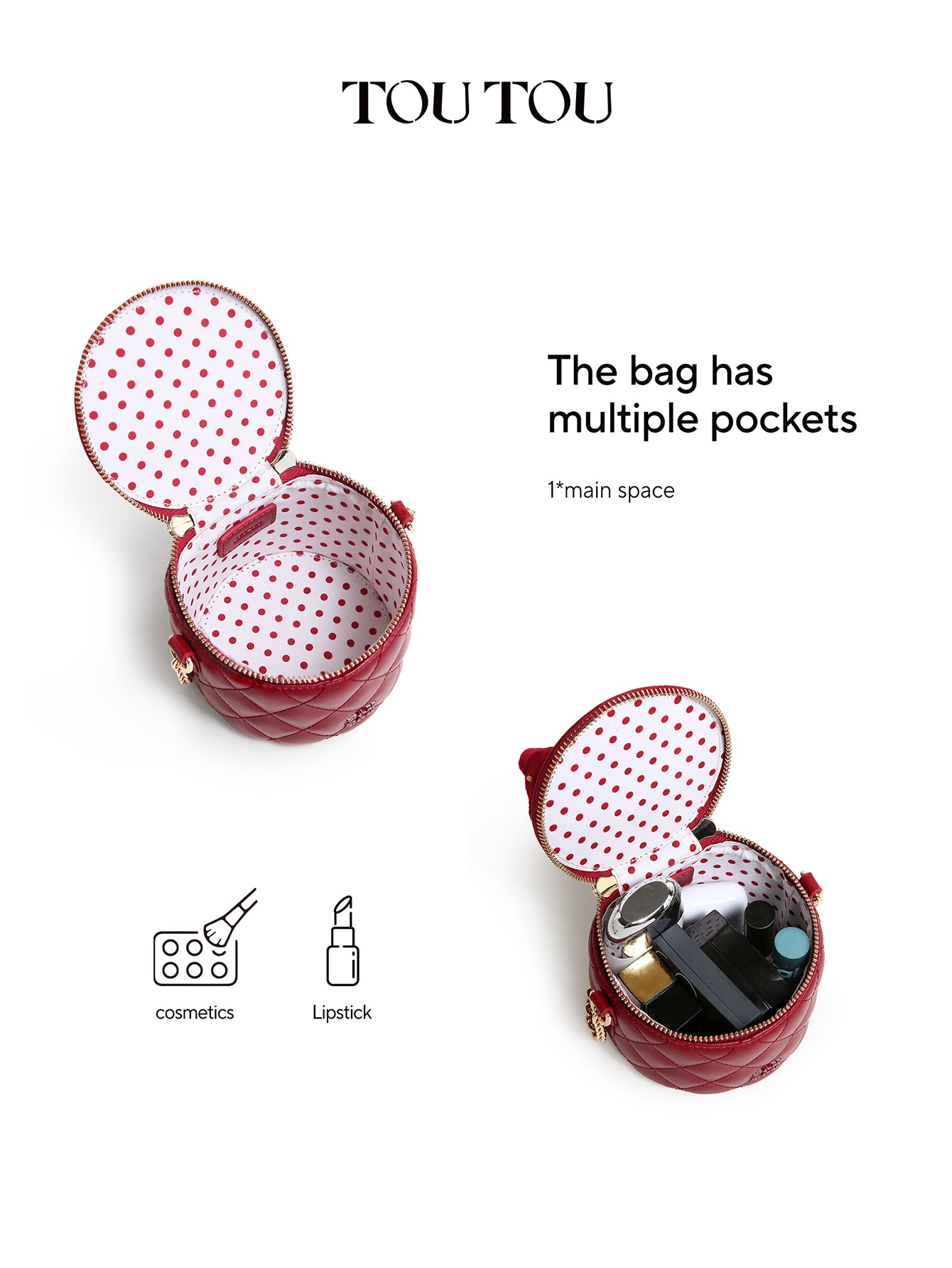 TOUTOU Red Quilted Bucket Bag with Bow & Chain: Sweet & Chic