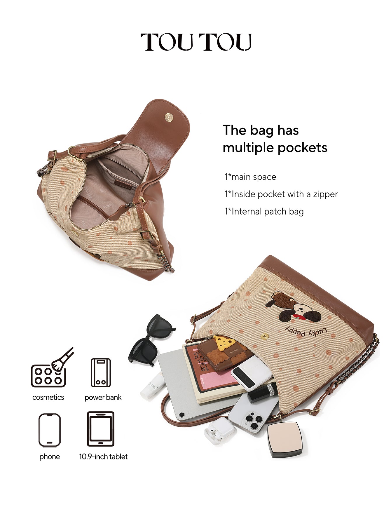 TOUTOU Cute Cartoon Puppy Embroidered Hobo Bag - Microfiber Leather Shoulder Bag with Adjustable Strap 41174