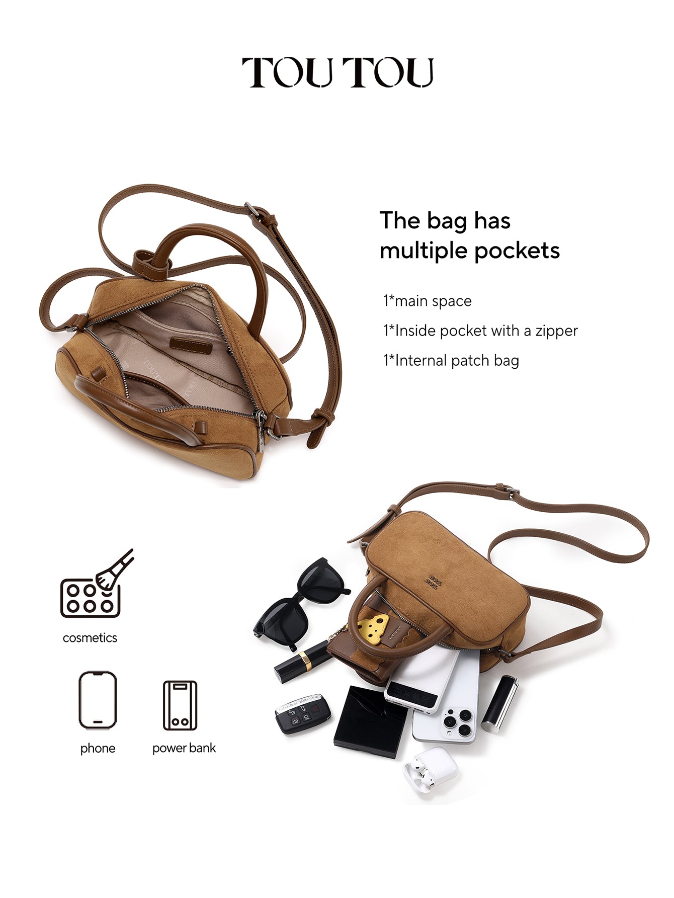 TOUTOU Cute Puppy Charm Crossbody Bag - Available in Smooth Leather or Soft Suede with Beaded Chain