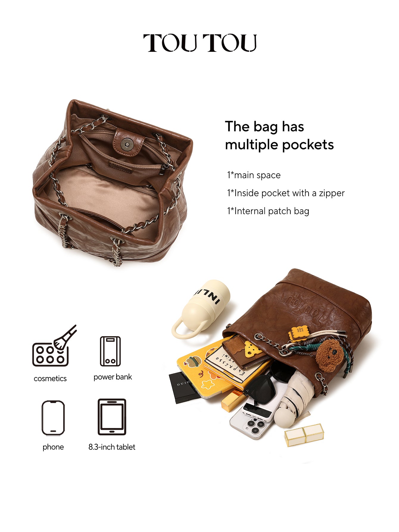 TOUTOU Brown Bucket Bag with Plush Dog Pendant | Adjustable Chain Strap & Microfiber Leather