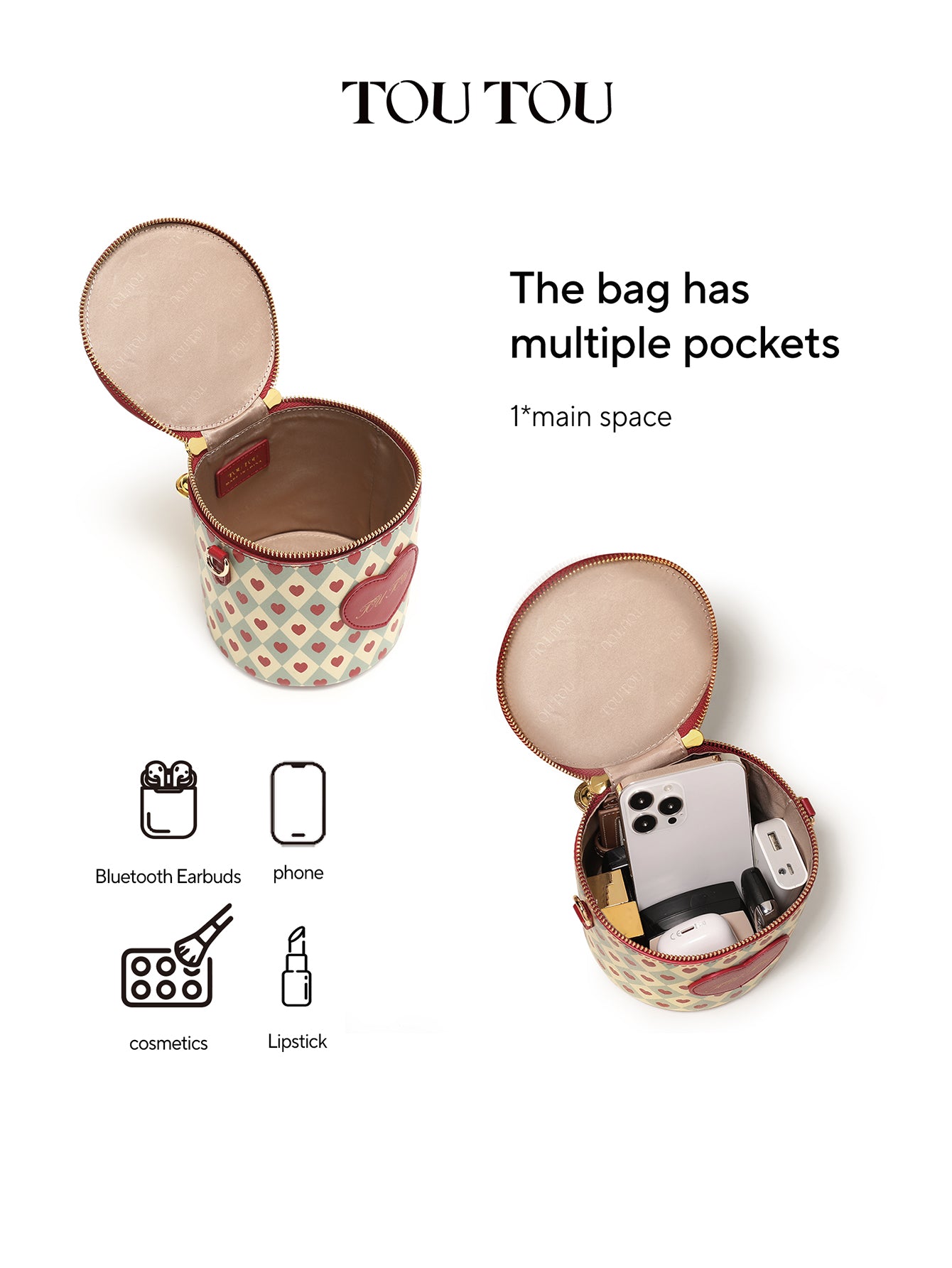 TOUTOU Heart Print Cylinder Crossbody Bag - Cute Bow Decor Mini Shoulder Bag with Chain Strap