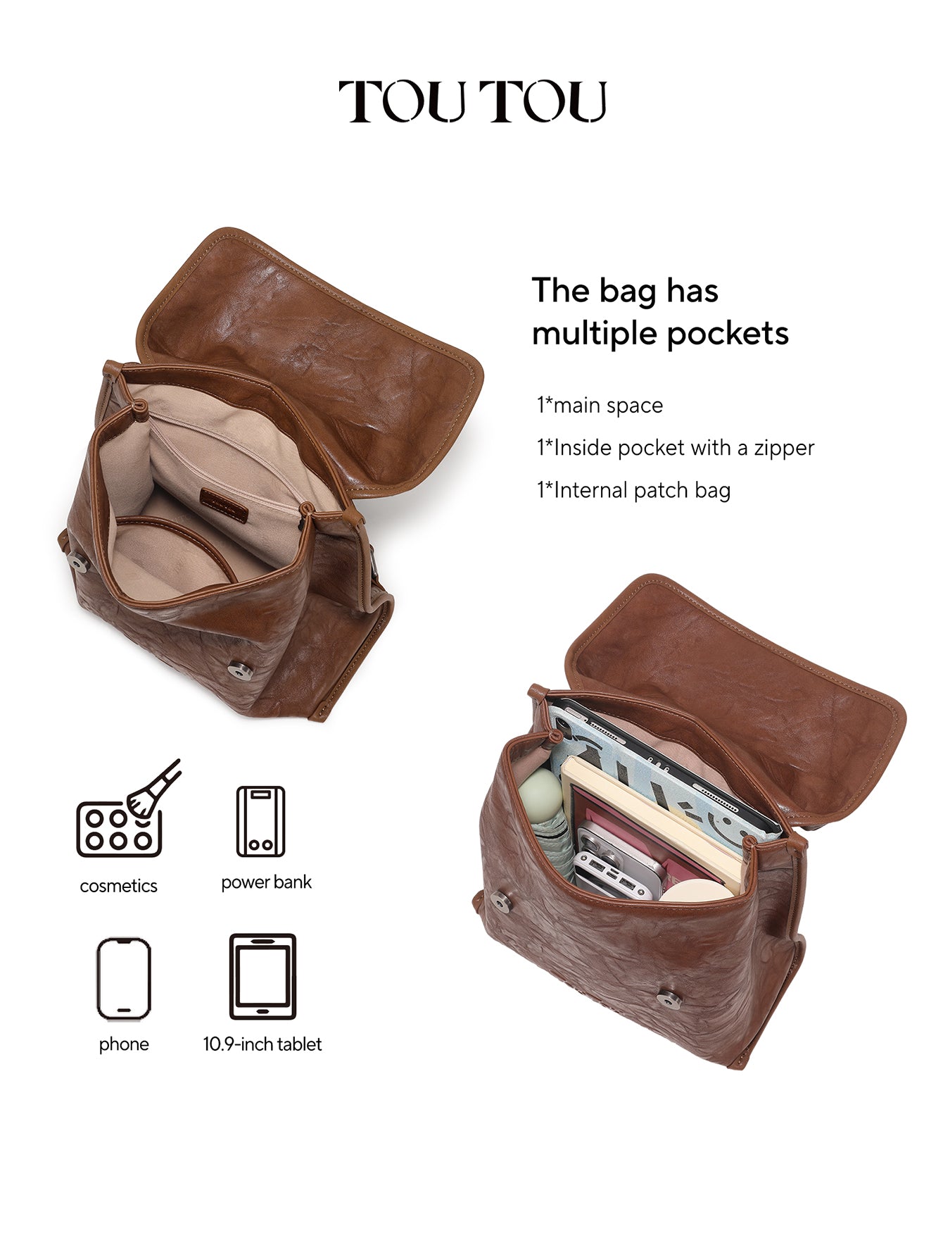 TOUTOU Vintage Microfiber Leather Backpack with Plush Pendant – Fits 8.3'' Device, Adjustable Strap