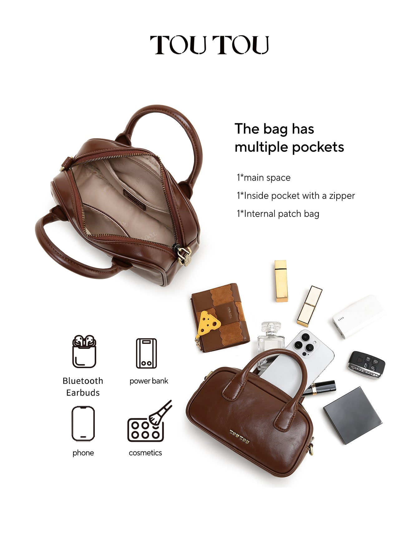 TOUTOU Cute Plush Bear Pendant Handbag - Microfiber Leather Crossbody Bag with Multiple Pockets