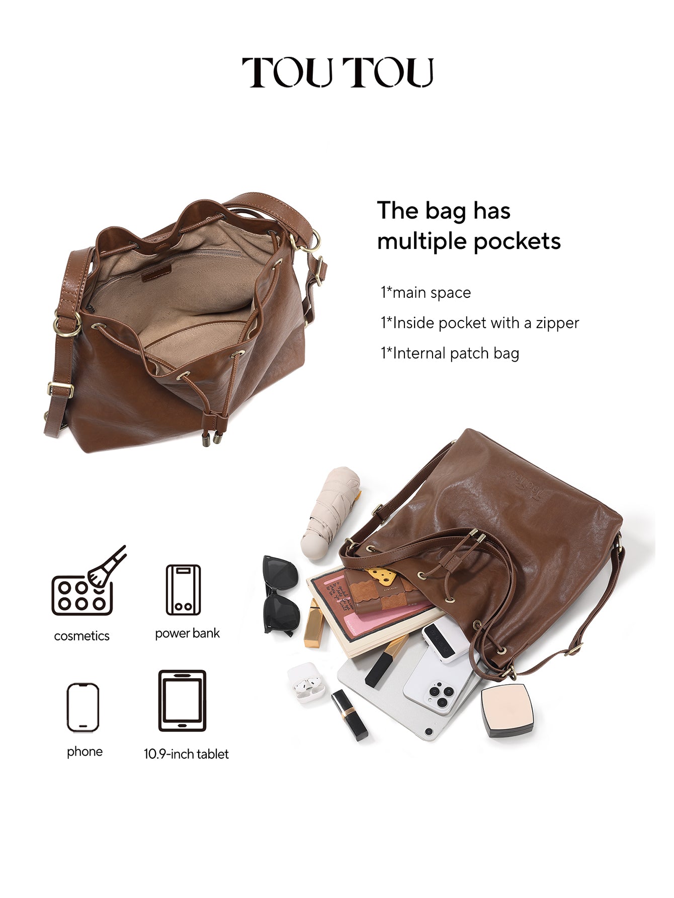 TOUTOU Cowhide Bucket Bag for Women - Drawstring Closure, Adjustable Strap Leather Shoulder Handbag
