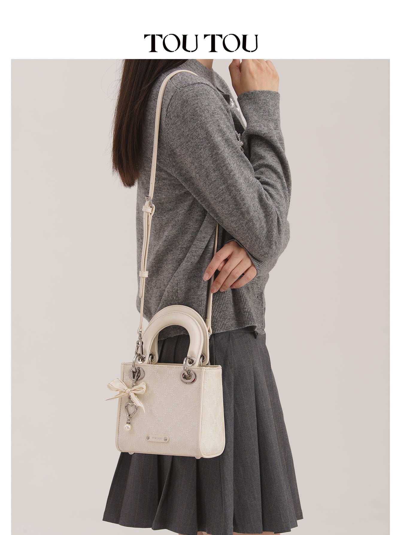 TOUTOU Embroidered Mini Handbag Bag: Bow & Pearl Charm, 3 - Color Options