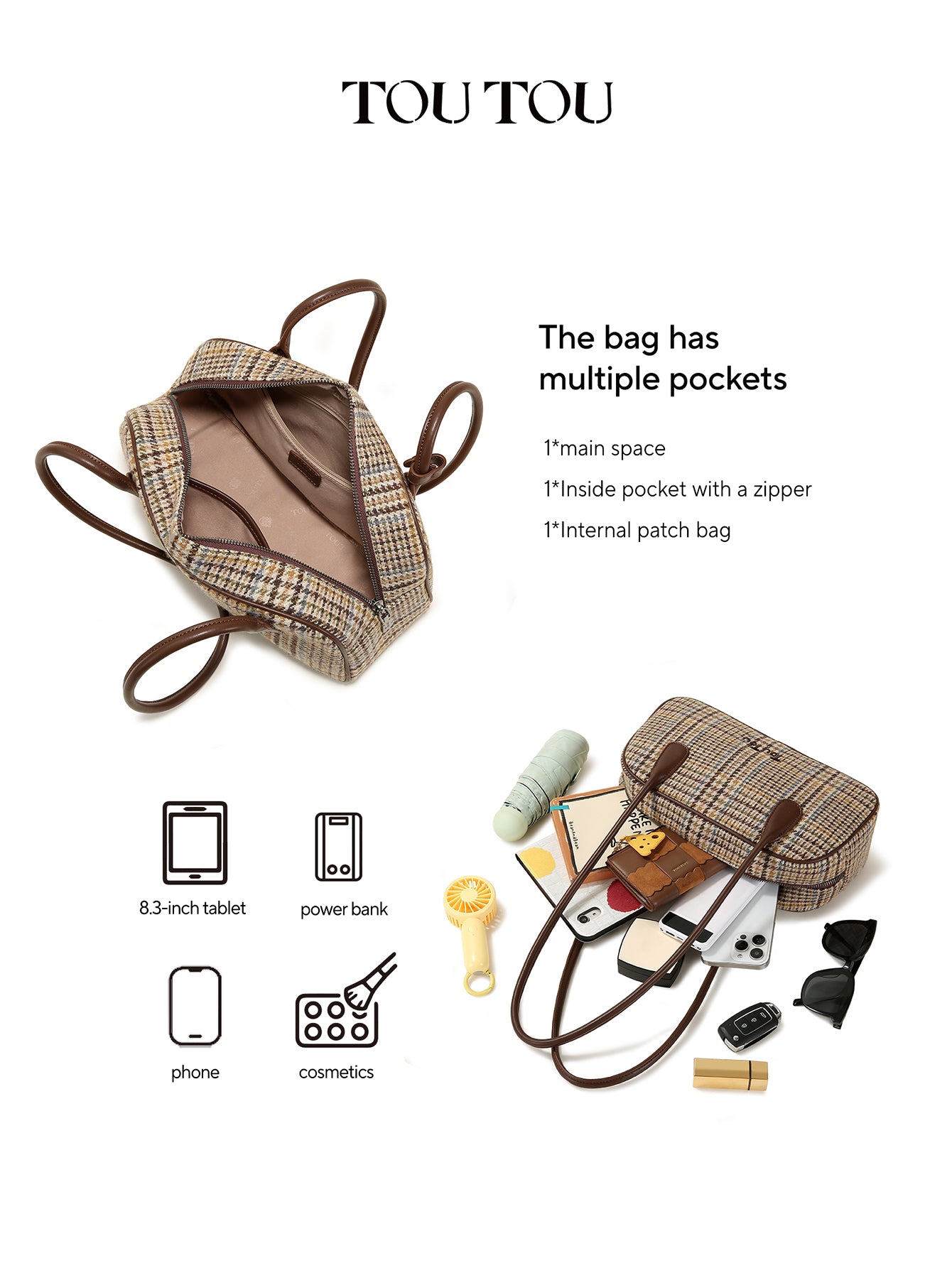 TOUTOU Plaid Woolen Shoulder Bag - Retro Style Top-Handle Bag with Donut Pendant