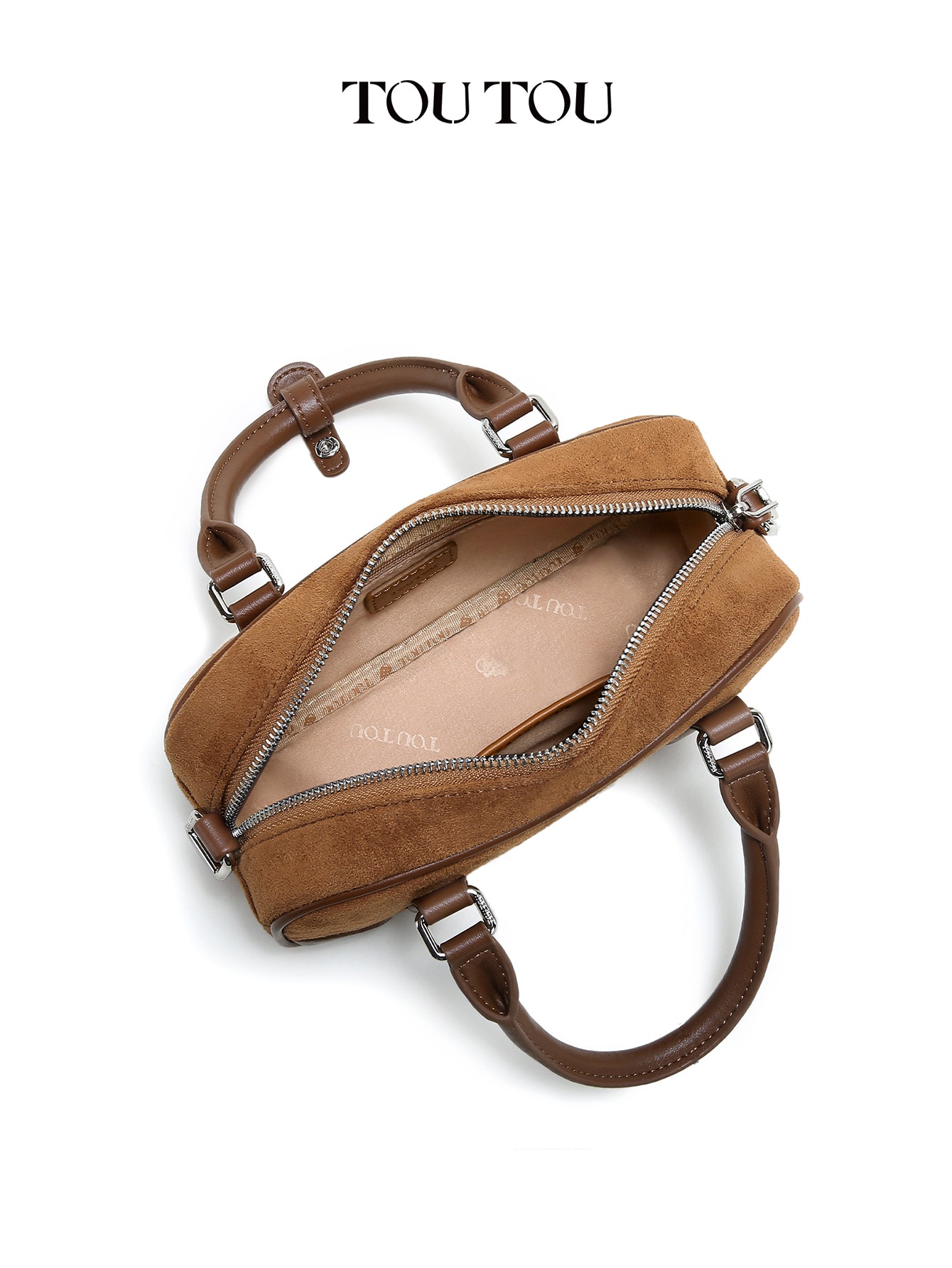 TOUTOU Brown Suede Boston Bag with Cute Pendant: Stylish & Compact