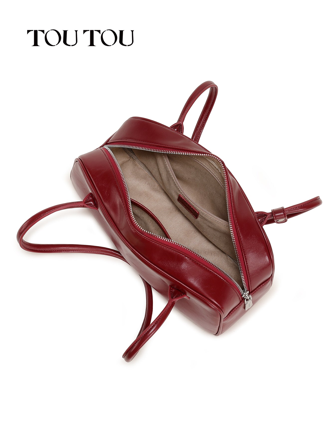 TOUTOU Red Faux Leather Shoulder Bag - Plush Dog & Heart Charm, Retro Barrel Bag
