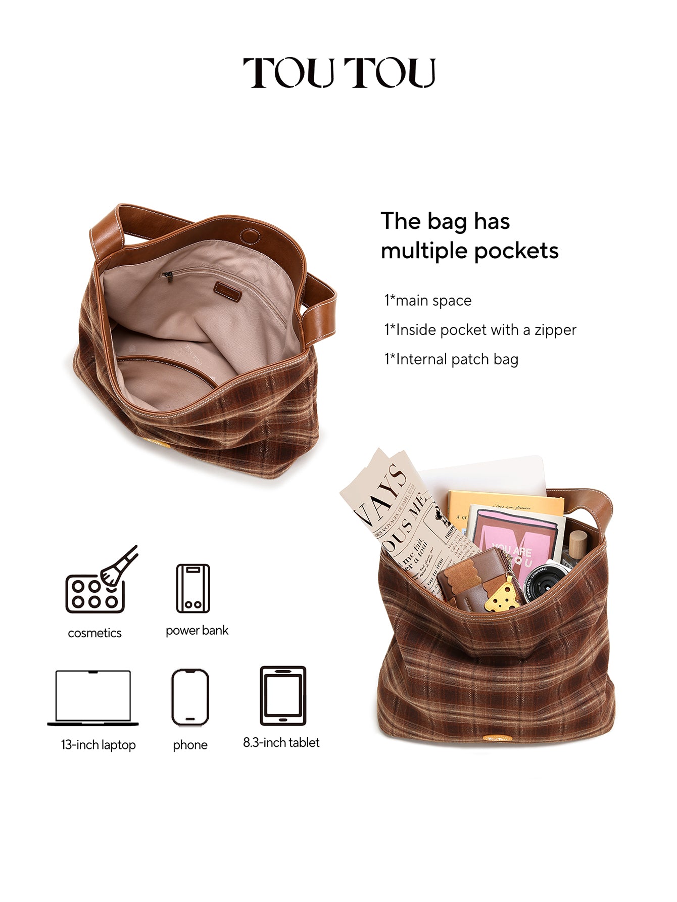 TOUTOU Plaid Hobo Bag for Women - Plush Teddy Pendant, Large Capacity Tote Fits 13" Laptop