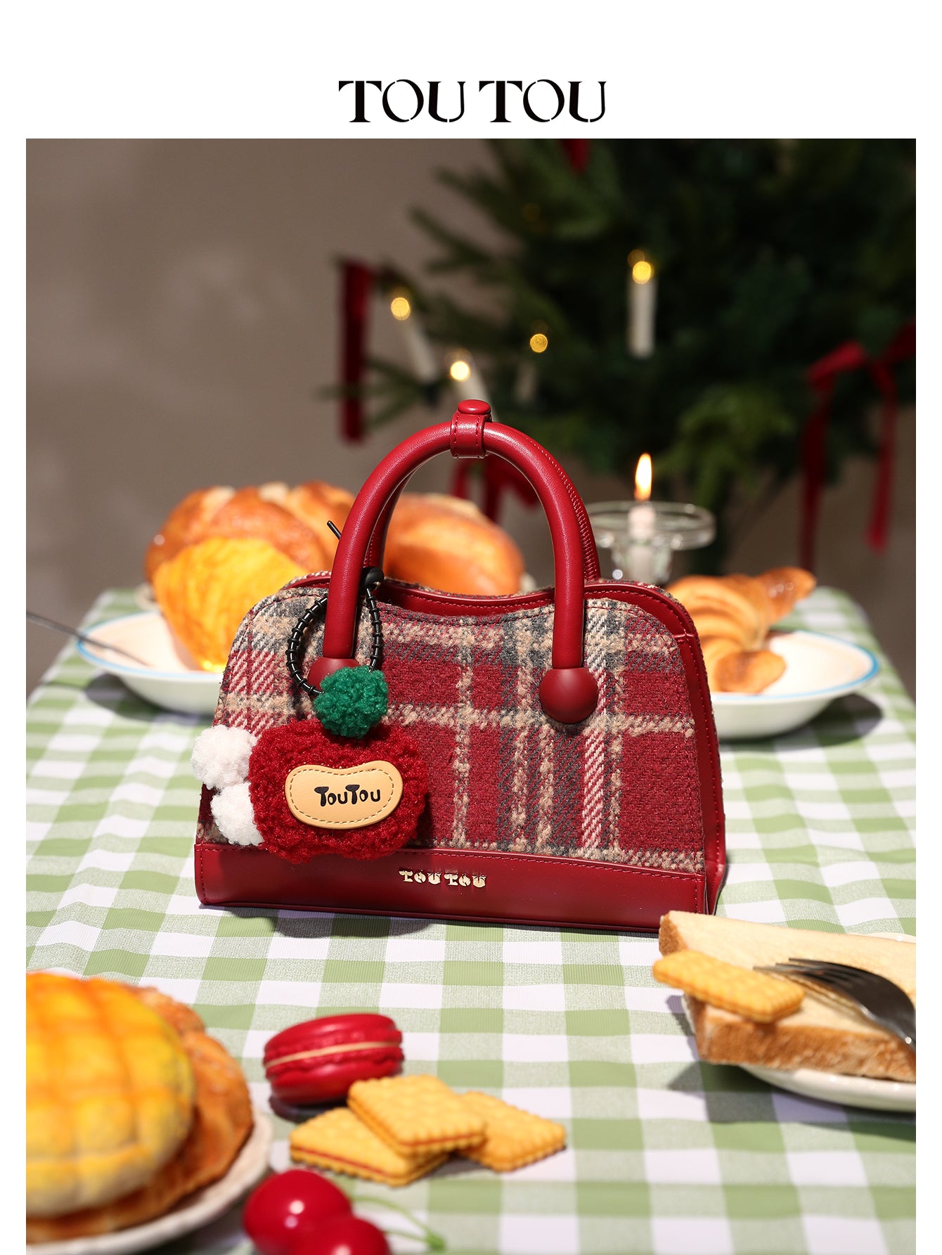 TOUTOU Plaid Mini Handbag - Cute Apple Charm, 2-Way Carry (Handheld & Crossbody), Vintage Checkered Design