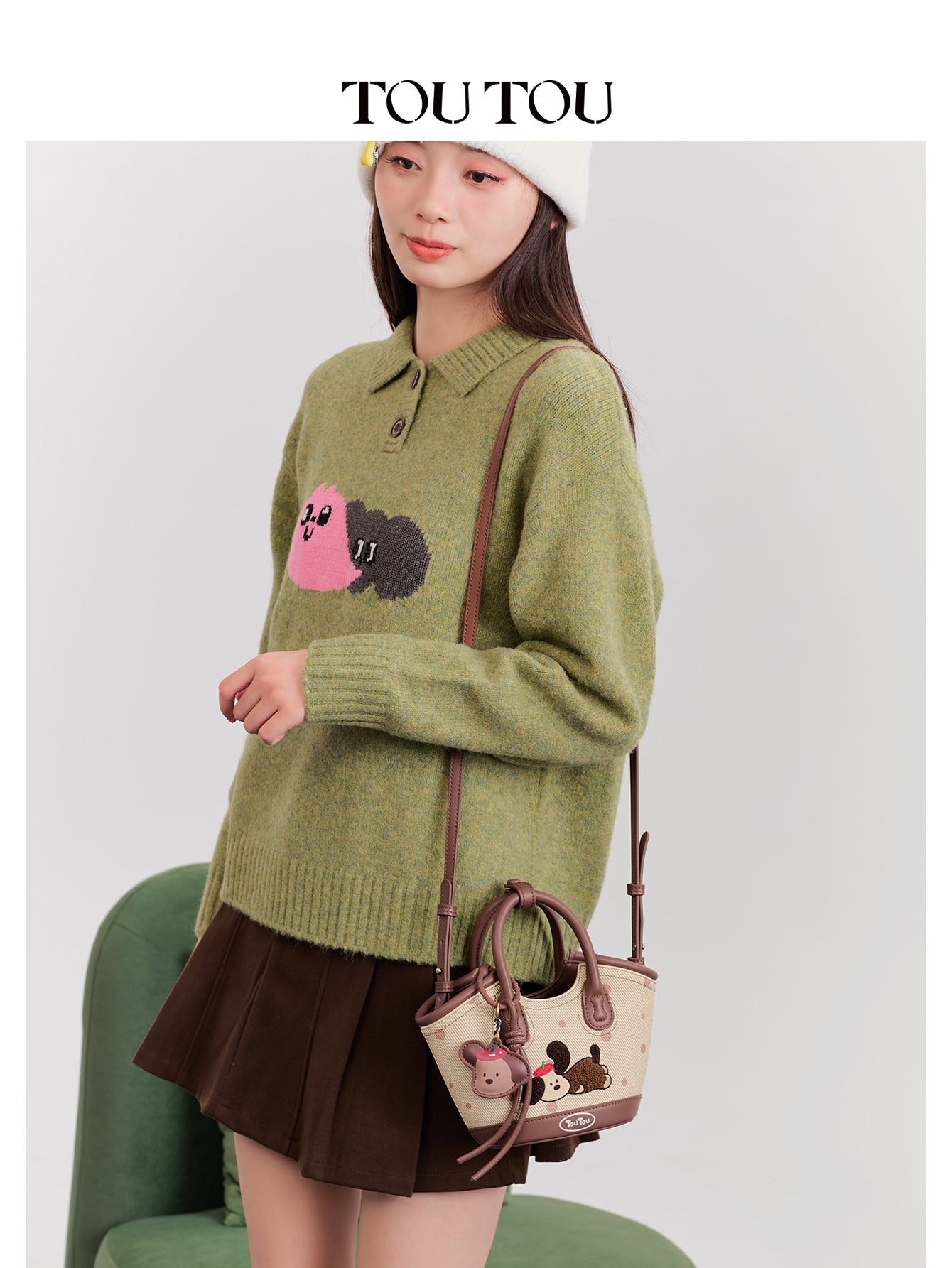 TOUTOU Cartoon Dog Embroidered Tote Bag - Mother-Daughter Set with Removable Strap & Cosmetic Pouch