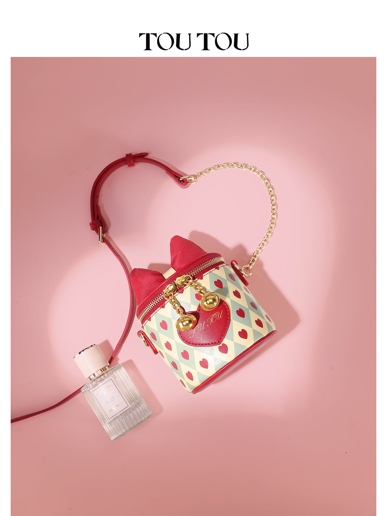 TOUTOU Heart Print Cylinder Crossbody Bag - Cute Bow Decor Mini Shoulder Bag with Chain Strap