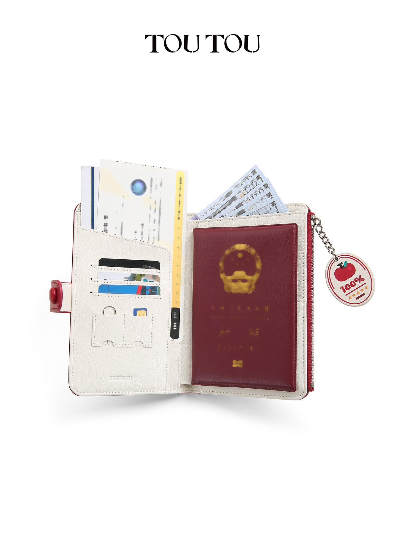 TOUTOU Cute Red “Have Good Luck” Wallet - Lucky Cat & Apple Charm, Multi-Slot Organizer for Cards, Cash & Passport