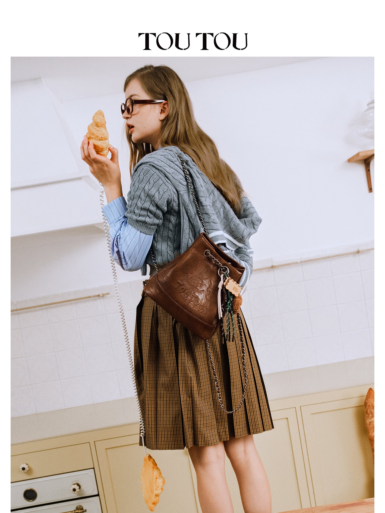 TOUTOU Brown Bucket Bag with Plush Dog Pendant | Adjustable Chain Strap & Microfiber Leather