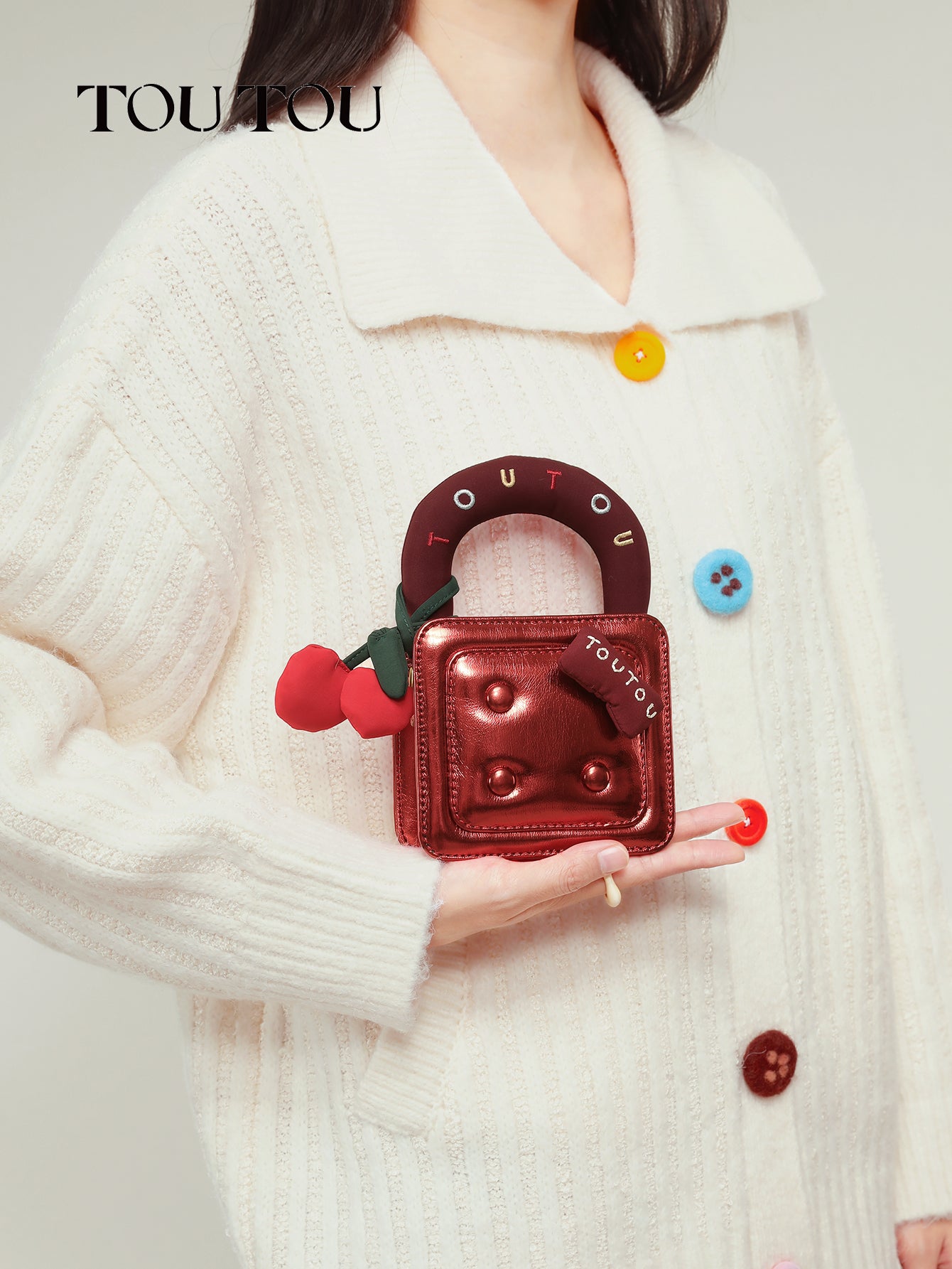 TOUTOU Cherry - Decor Metallic Mini Handbag: Cute & Stylish