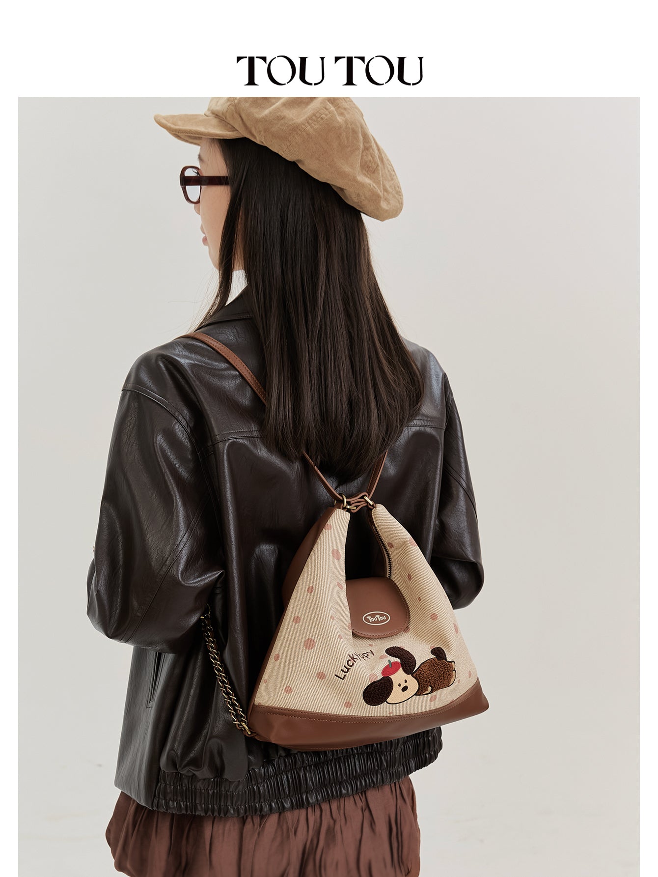 TOUTOU Cute Cartoon Puppy Embroidered Hobo Bag - Microfiber Leather Shoulder Bag with Adjustable Strap 41174