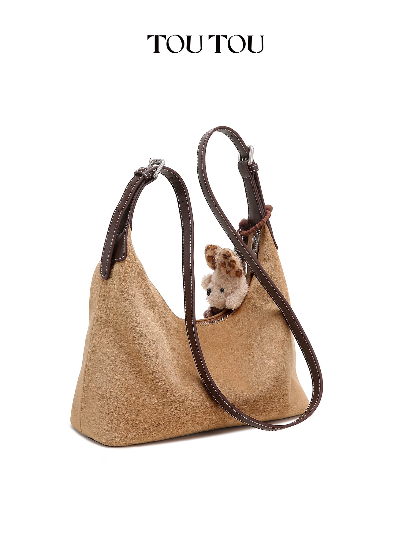 TOUTOU Leopard Print Hobo Bag for Women with Plush Puppy Pendant | Adjustable Strap & Synthetic Leather