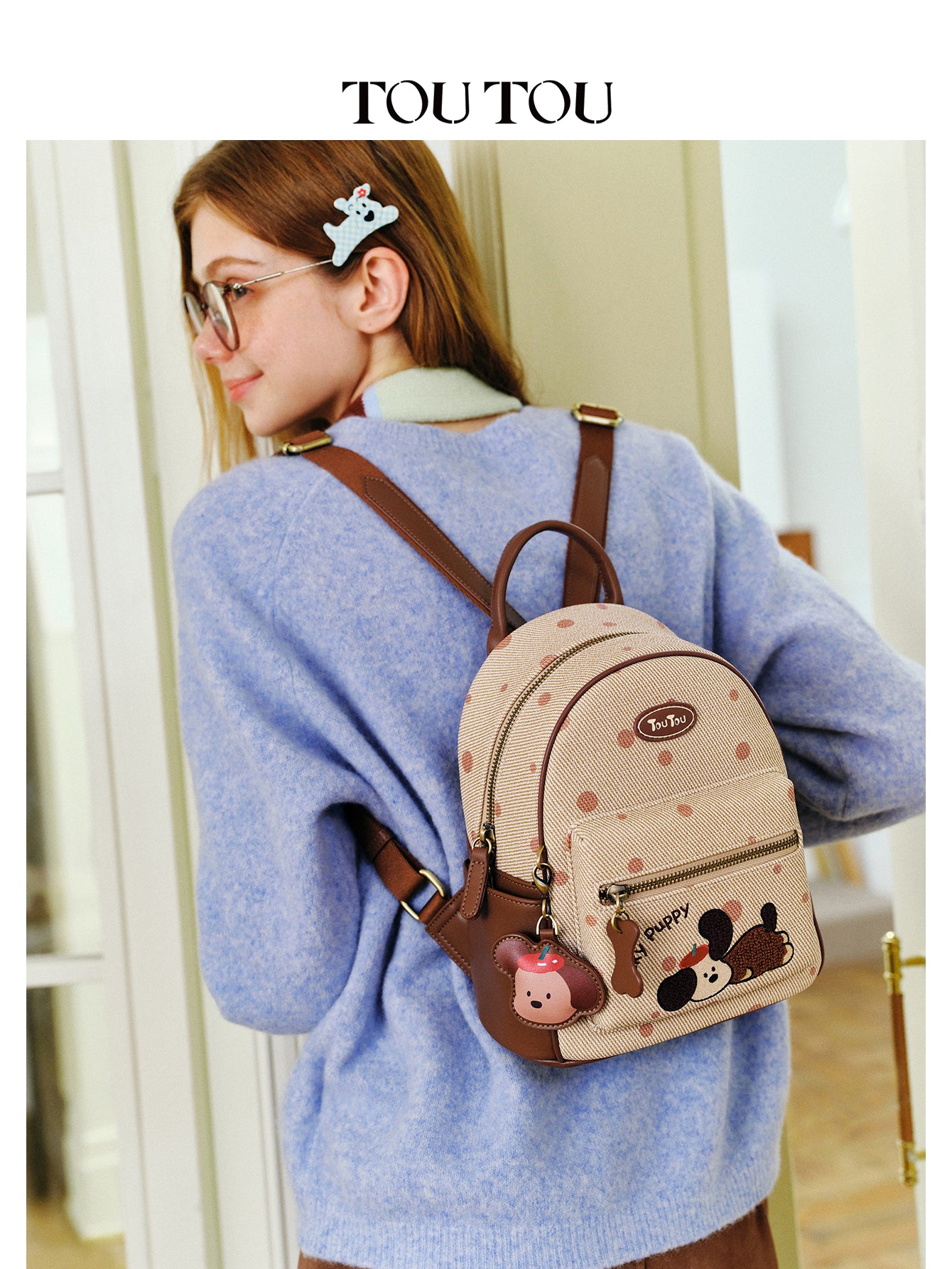 TOUTOU Cartoon Puppy Mini Backpack for Women - Polka Dot Design with Adjustable Strap & Multiple Pockets