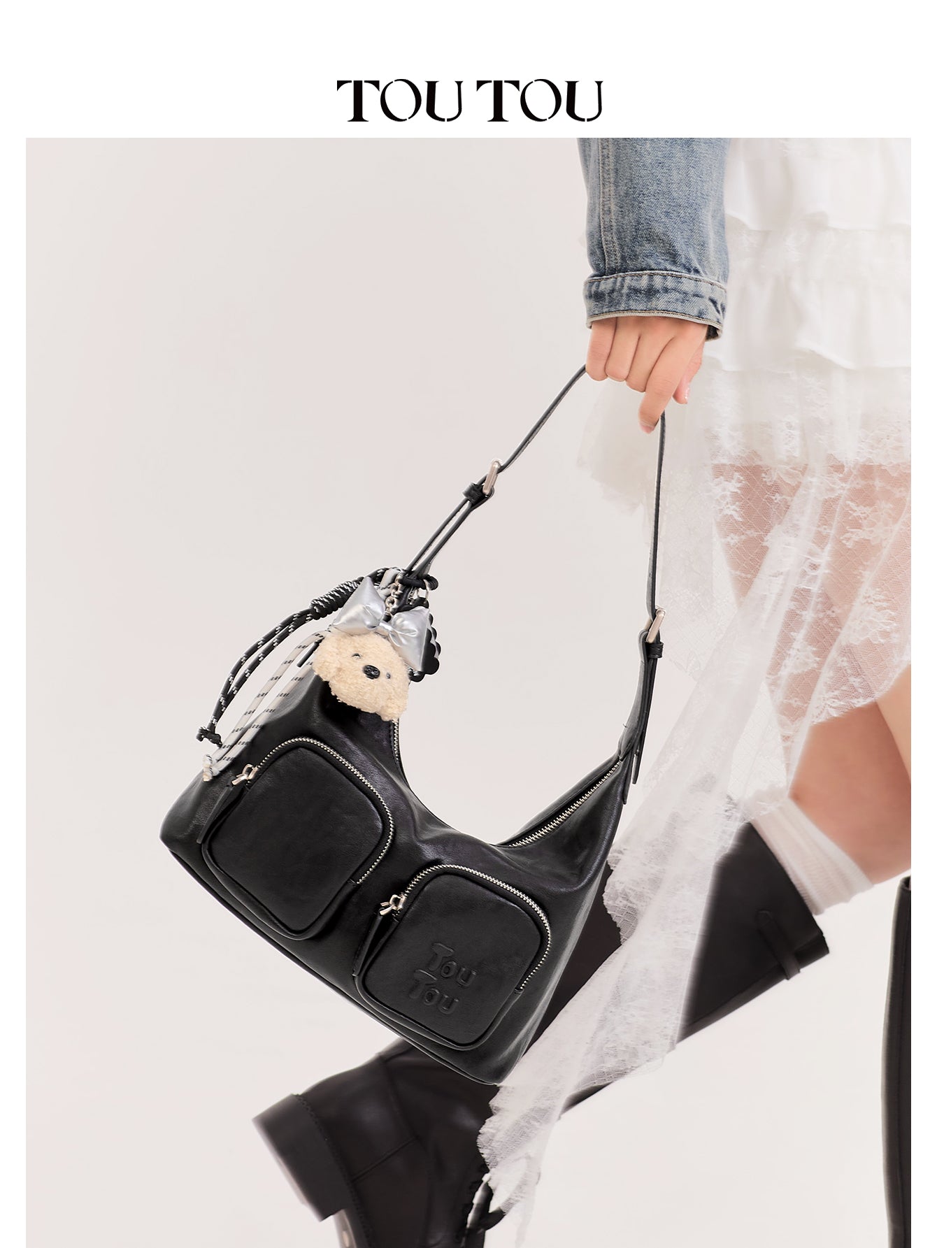 TOUTOU Black Hobo Bag with Plush Bear Pendant: Edgy & Cute
