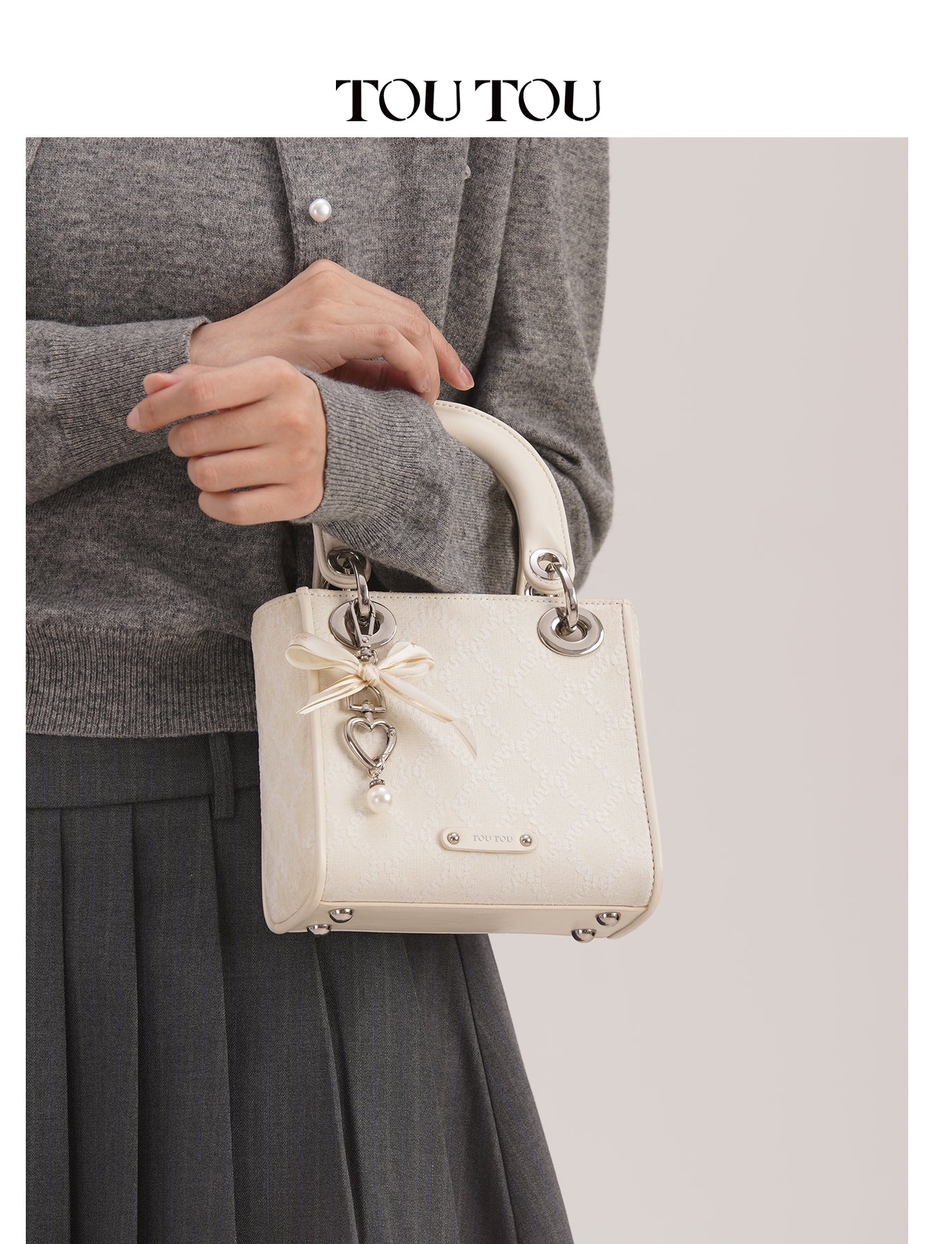 TOUTOU Embroidered Mini Handbag Bag: Bow & Pearl Charm, 3 - Color Options