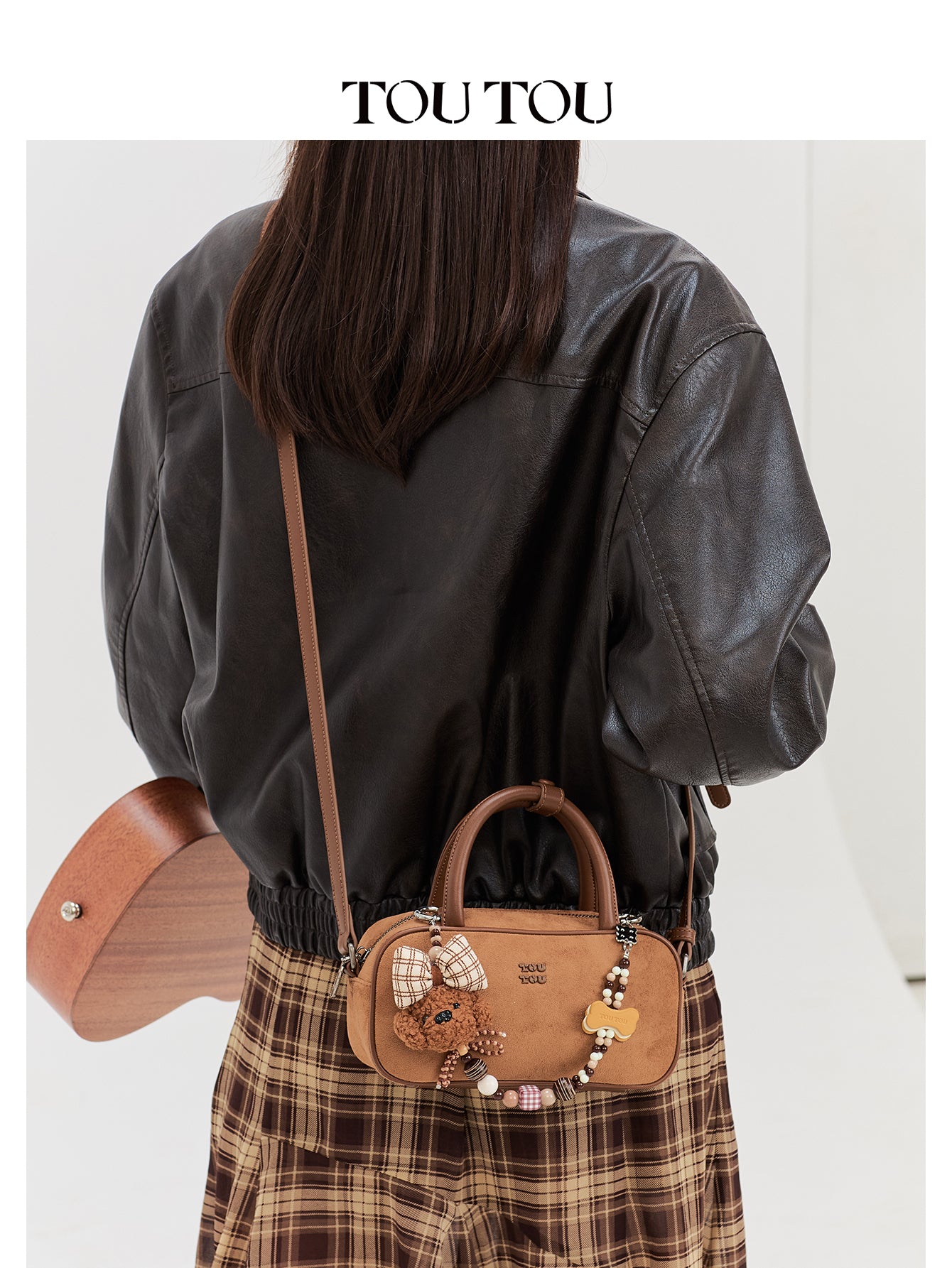 TOUTOU Cute Puppy Charm Crossbody Bag - Available in Smooth Leather or Soft Suede with Beaded Chain