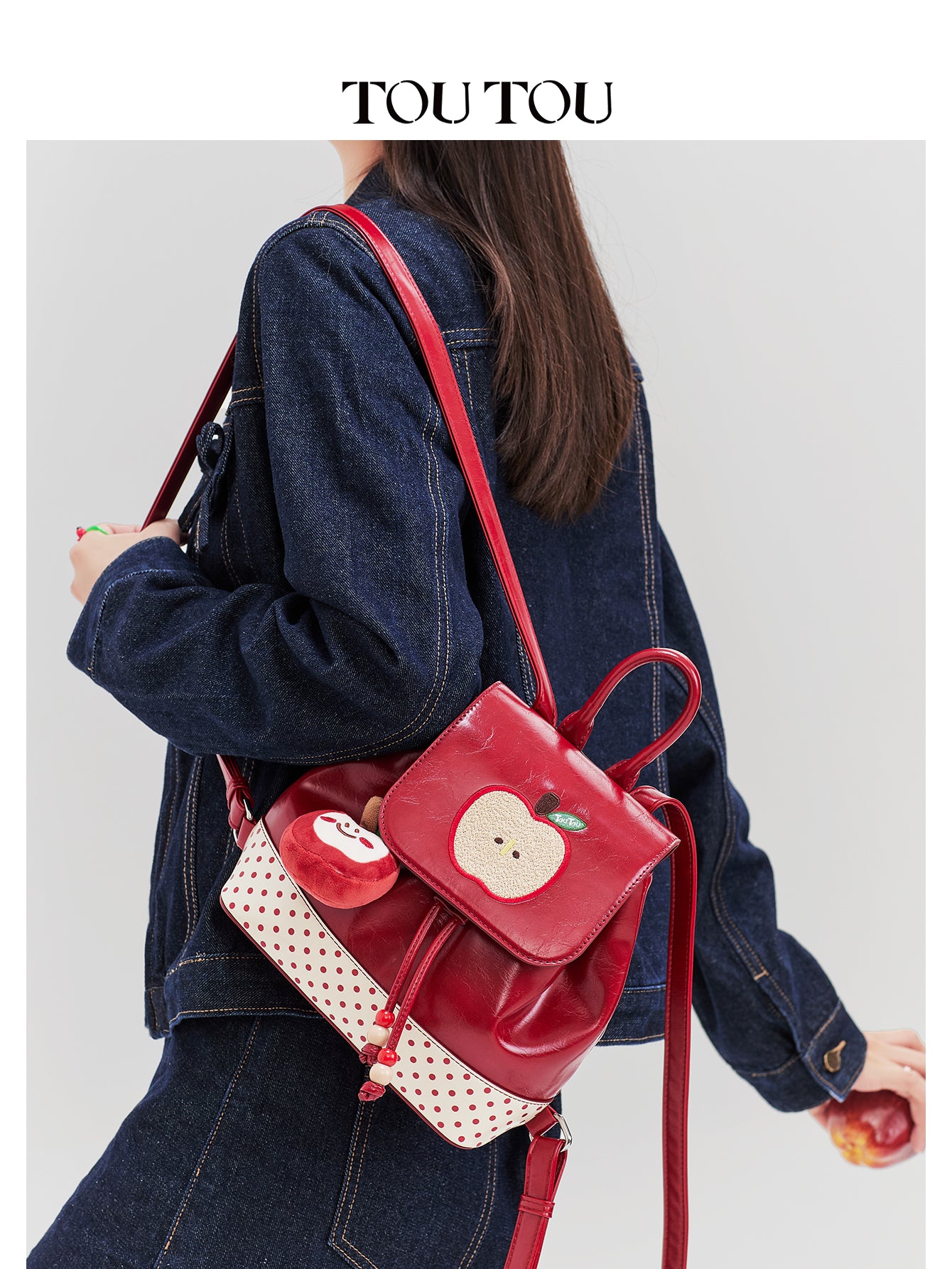 TOUTOU Cute Apple Embroidered Mini Backpack - Red Synthetic Leather Bag with Plush Pendant