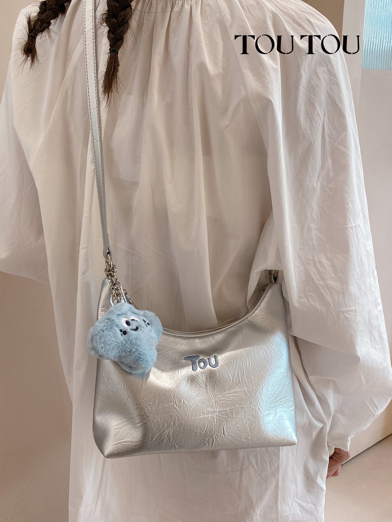 TOUTOU Metallic Hobo Bag with Plush Pendant: Shiny & Cute
