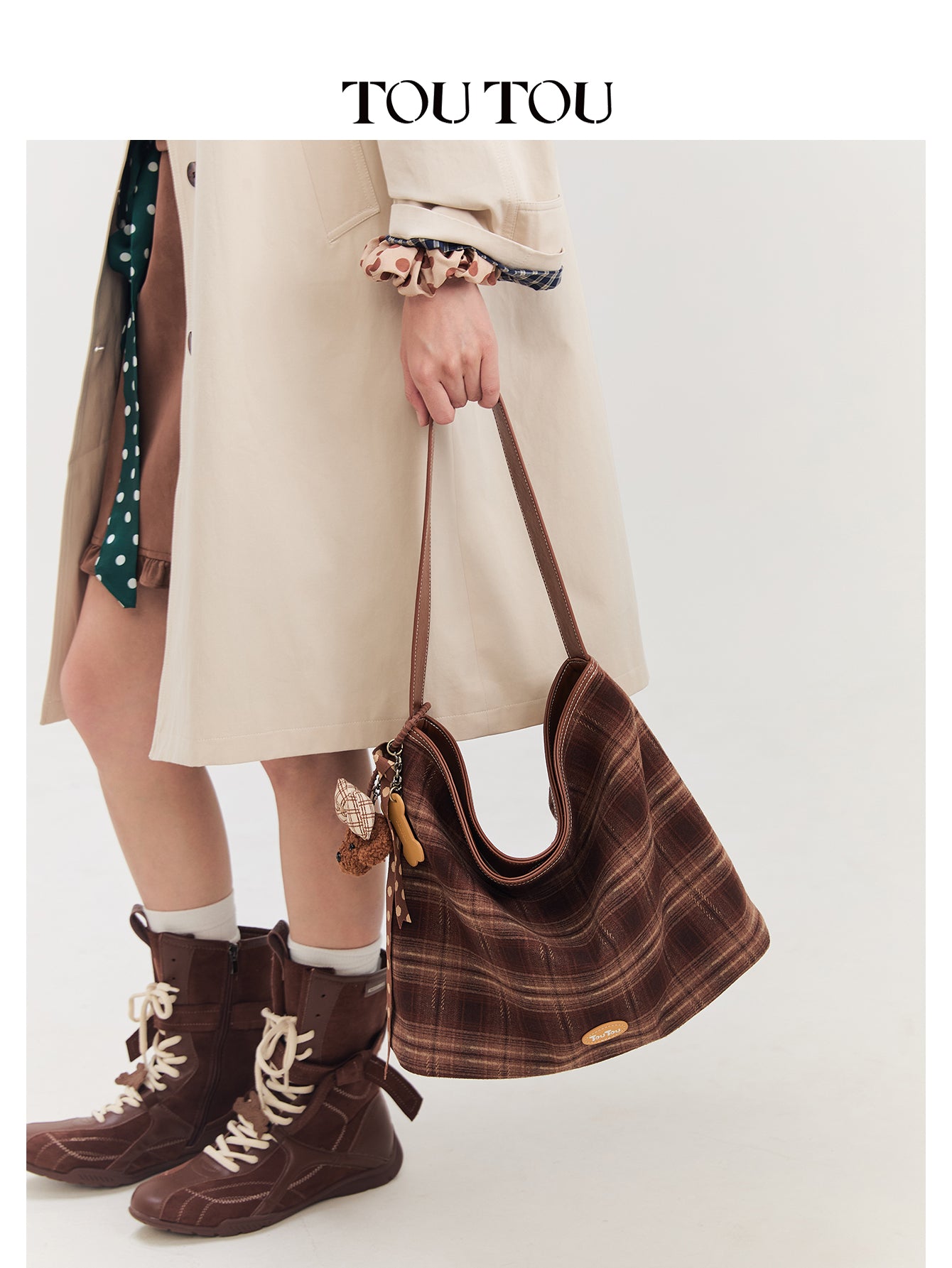 TOUTOU Plaid Hobo Bag for Women - Plush Teddy Pendant, Large Capacity Tote Fits 13" Laptop