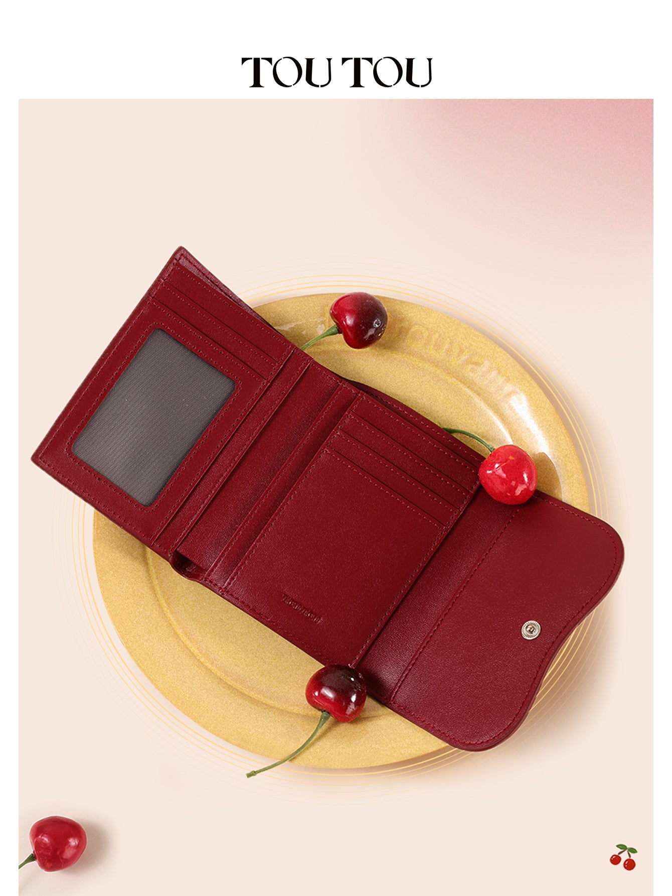 TOUTOU Cherry - Embossed Red Wallet: Chic & Compact Card Holder