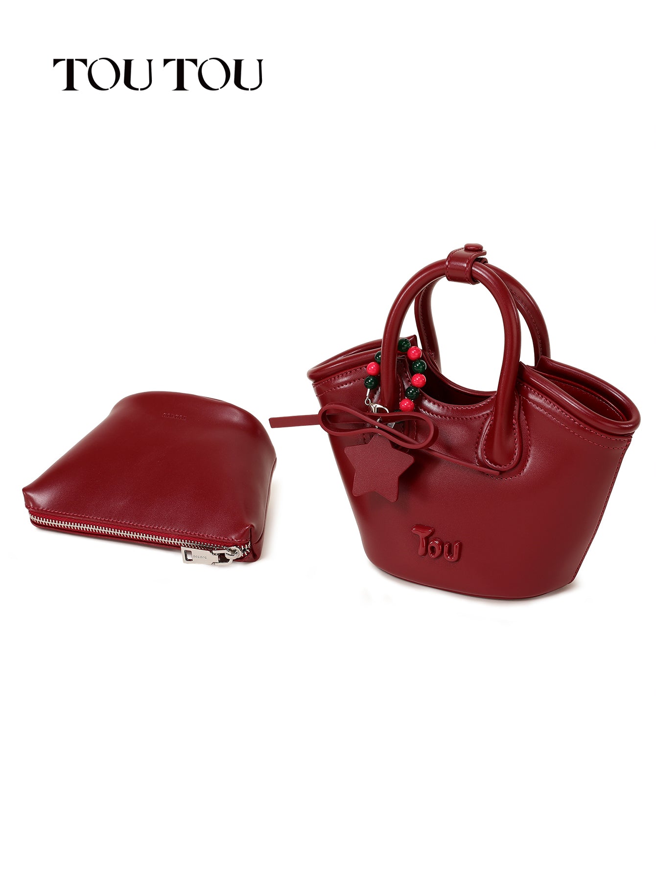 TOUTOU Red Bucket Bag: Star - Bead Accents, Chic Versatility