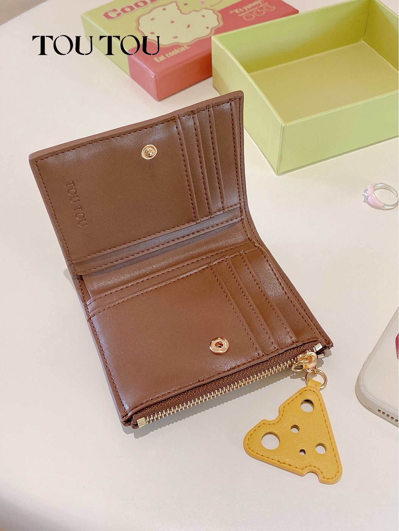 TOUTOU Patchwork Wallet with Cheese Pendant: Chic & Functional