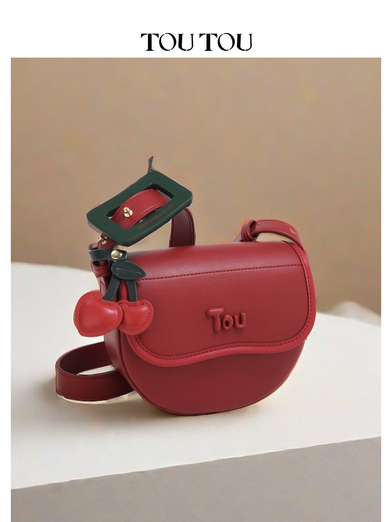 TOUTOU Red Saddle Bag: Cherry Accents & Adjustable Strap