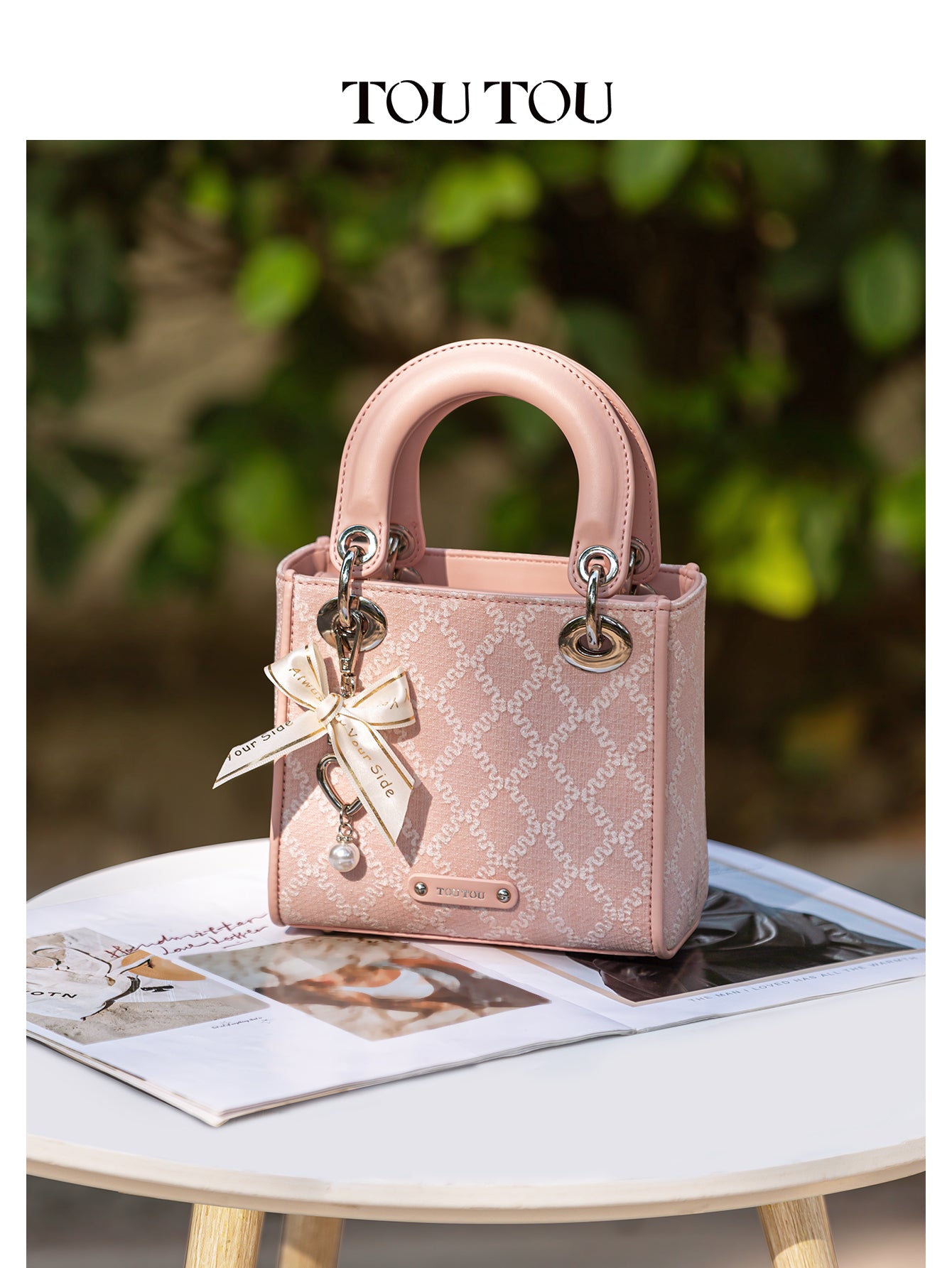 TOUTOU Embroidered Mini Handbag Bag: Bow & Pearl Charm, 3 - Color Options