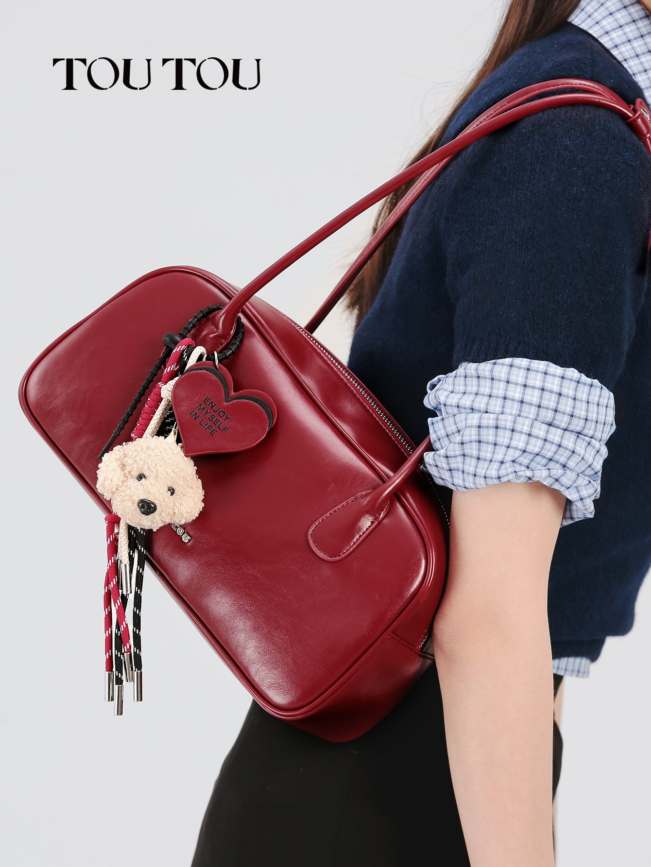 TOUTOU Red Faux Leather Shoulder Bag - Plush Dog & Heart Charm, Retro Barrel Bag