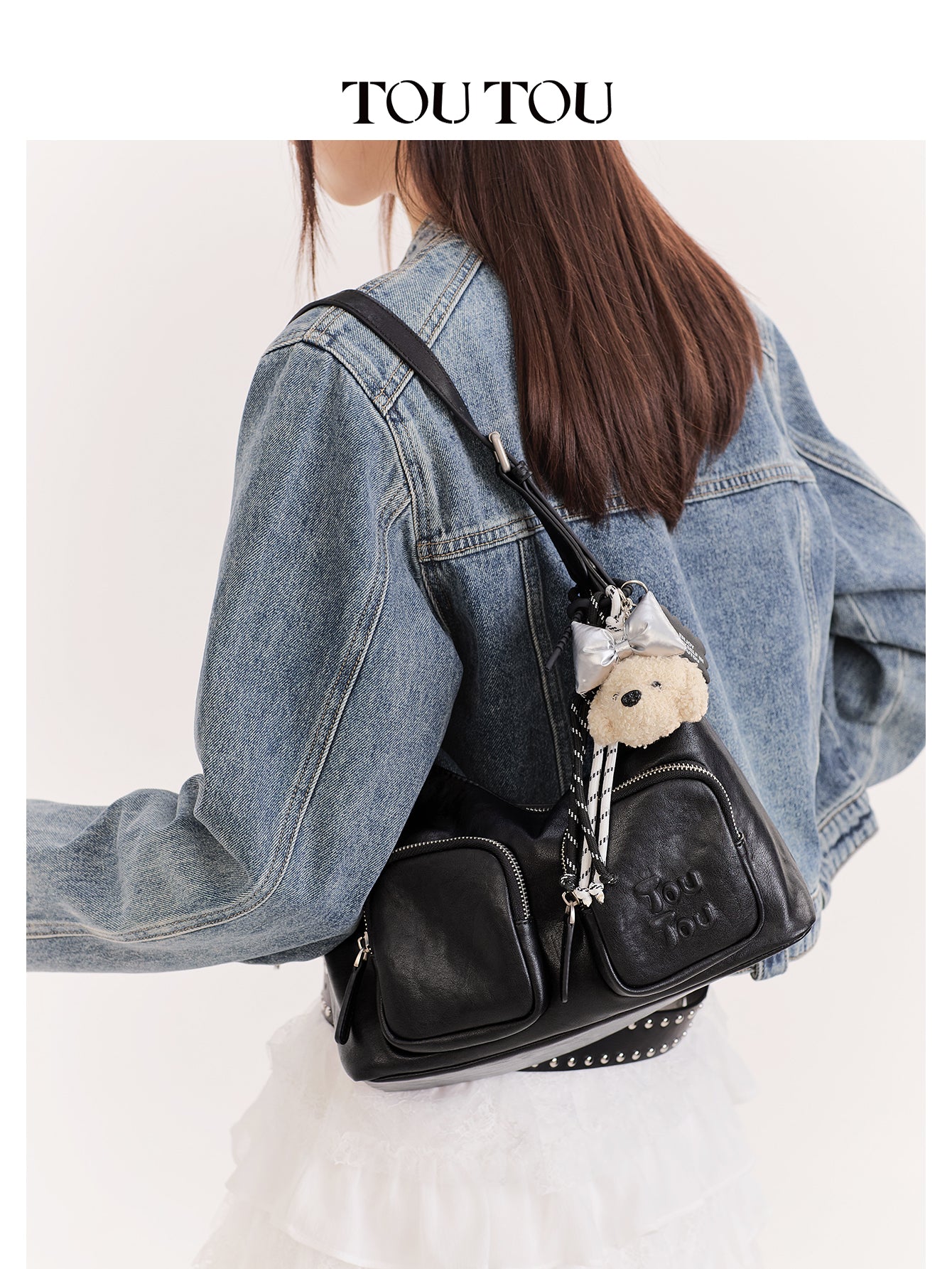 TOUTOU Black Hobo Bag with Plush Bear Pendant: Edgy & Cute