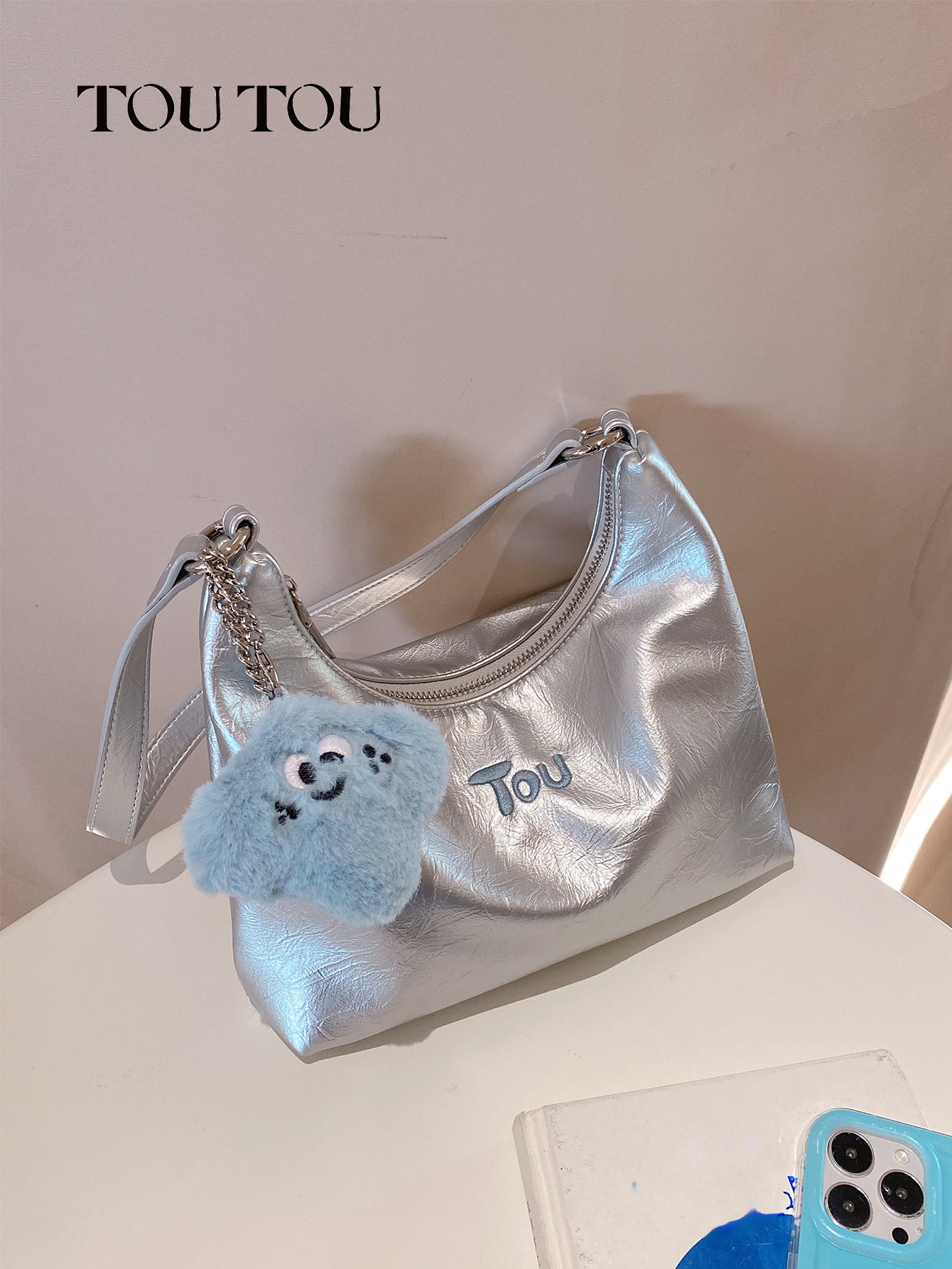 TOUTOU Metallic Hobo Bag with Plush Pendant: Shiny & Cute