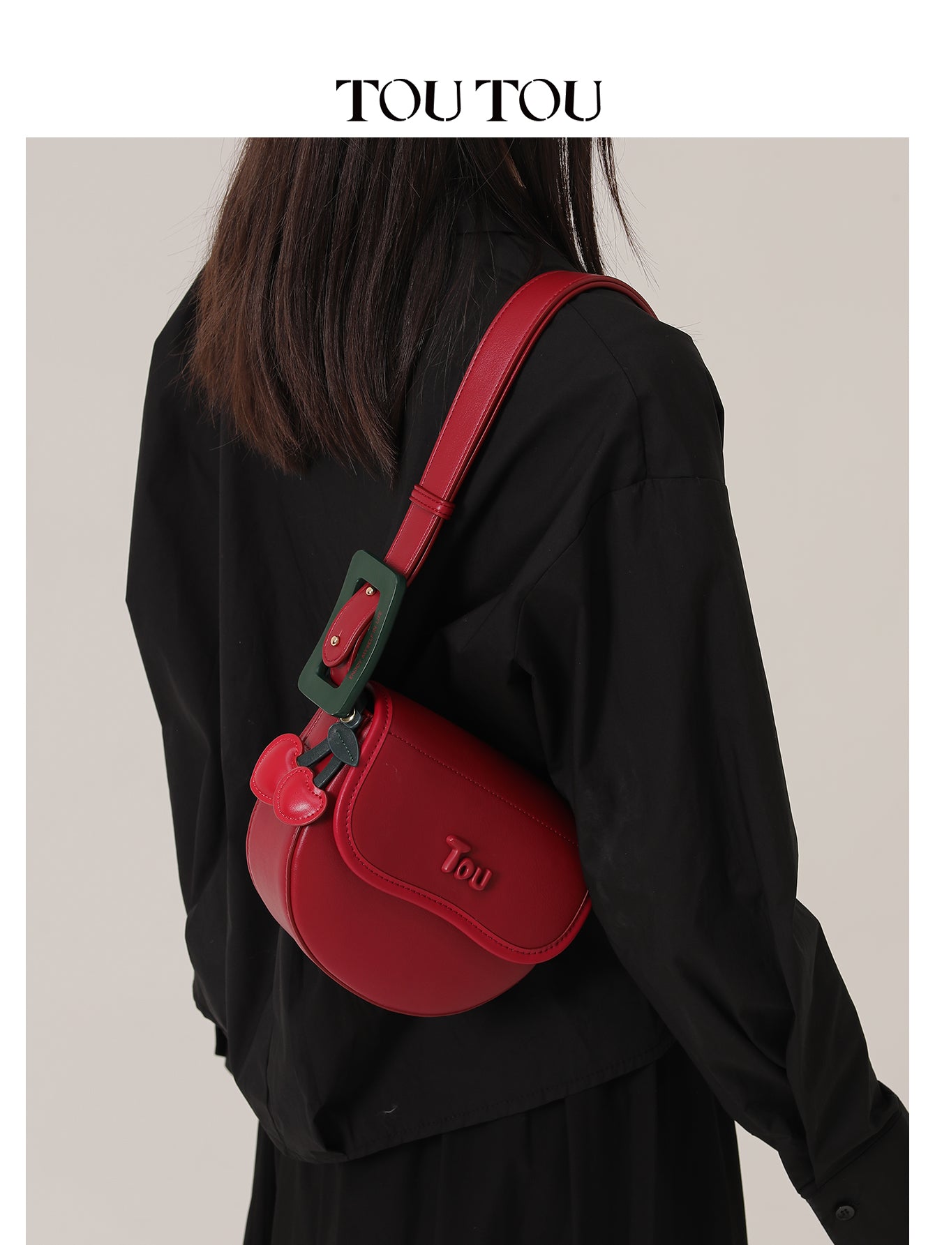 TOUTOU Red Saddle Bag: Cherry Accents & Adjustable Strap