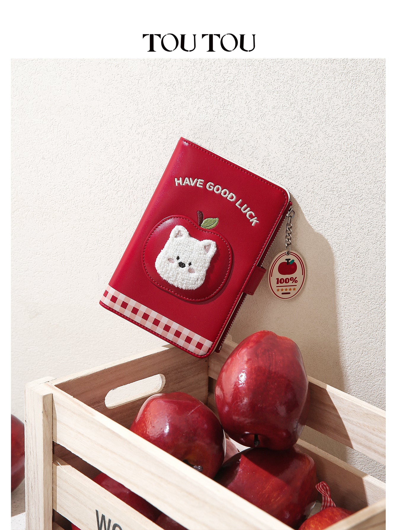 TOUTOU Cute Red “Have Good Luck” Wallet - Lucky Cat & Apple Charm, Multi-Slot Organizer for Cards, Cash & Passport