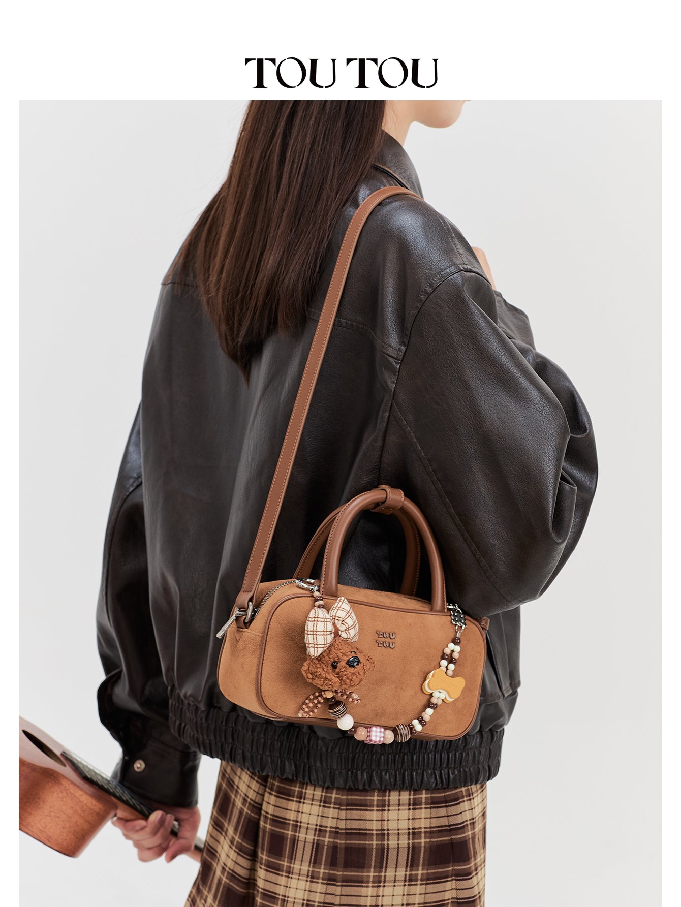 TOUTOU Cute Puppy Charm Crossbody Bag - Available in Smooth Leather or Soft Suede with Beaded Chain