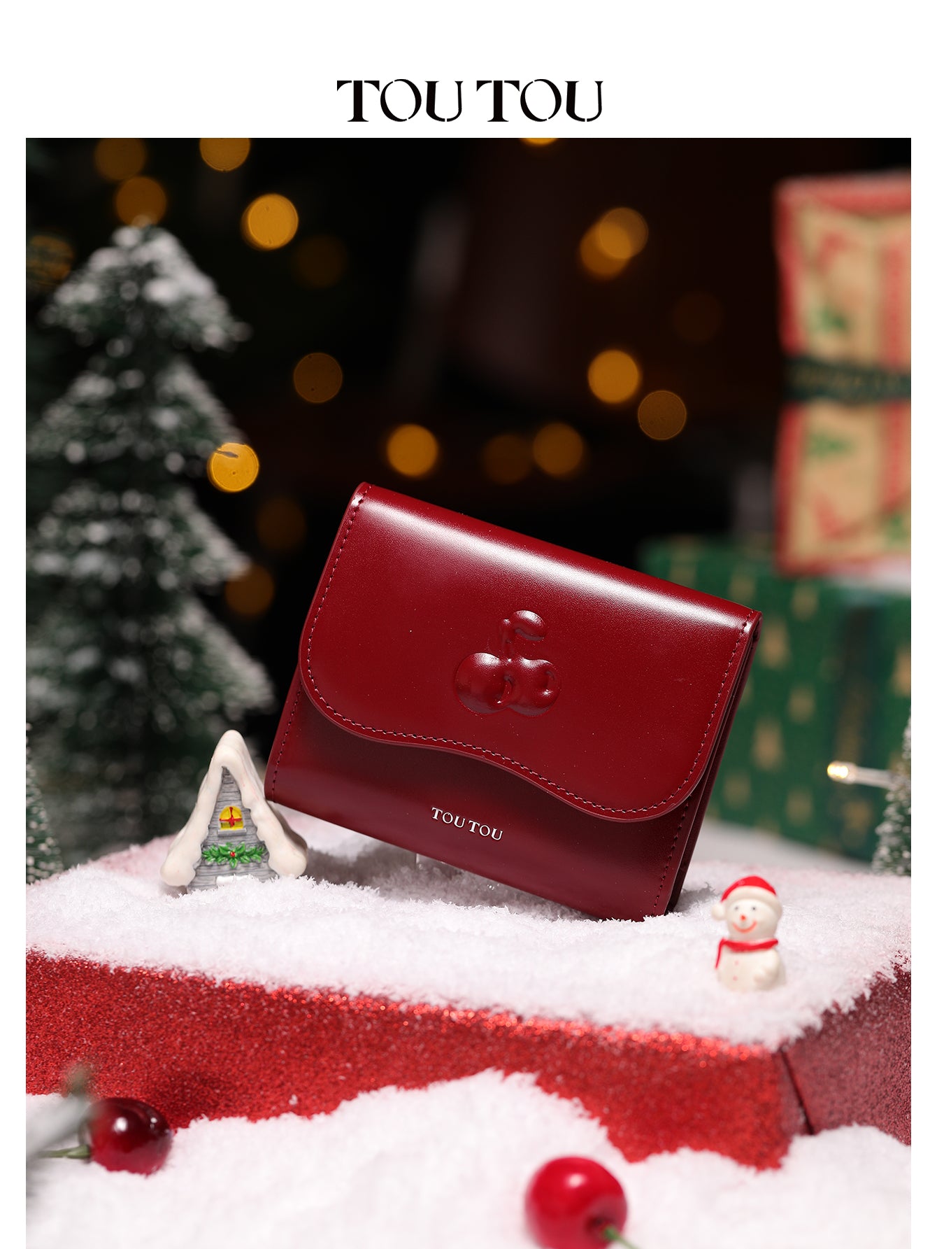 TOUTOU Cherry - Embossed Red Wallet: Chic & Compact Card Holder
