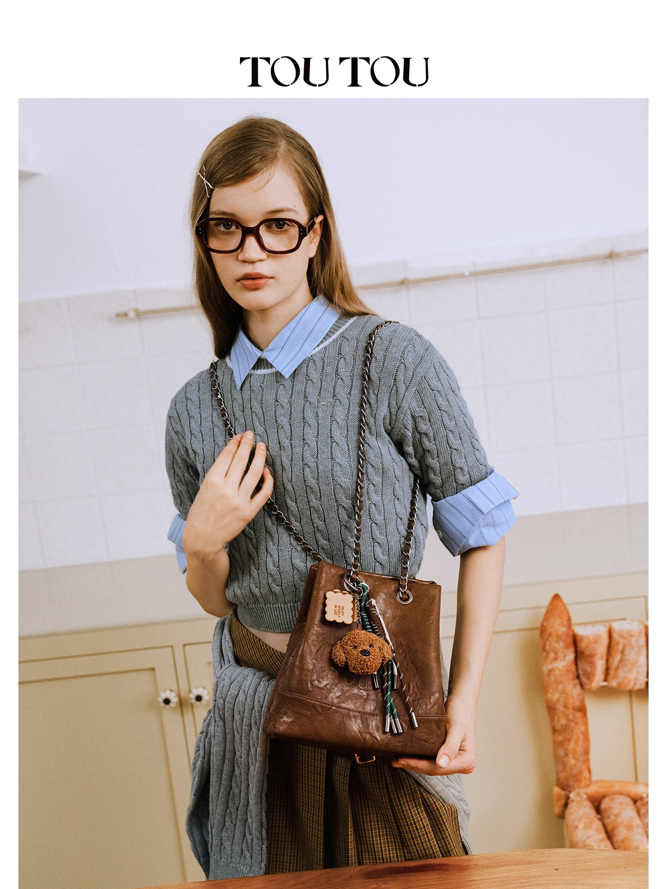 TOUTOU Brown Bucket Bag with Plush Dog Pendant | Adjustable Chain Strap & Microfiber Leather