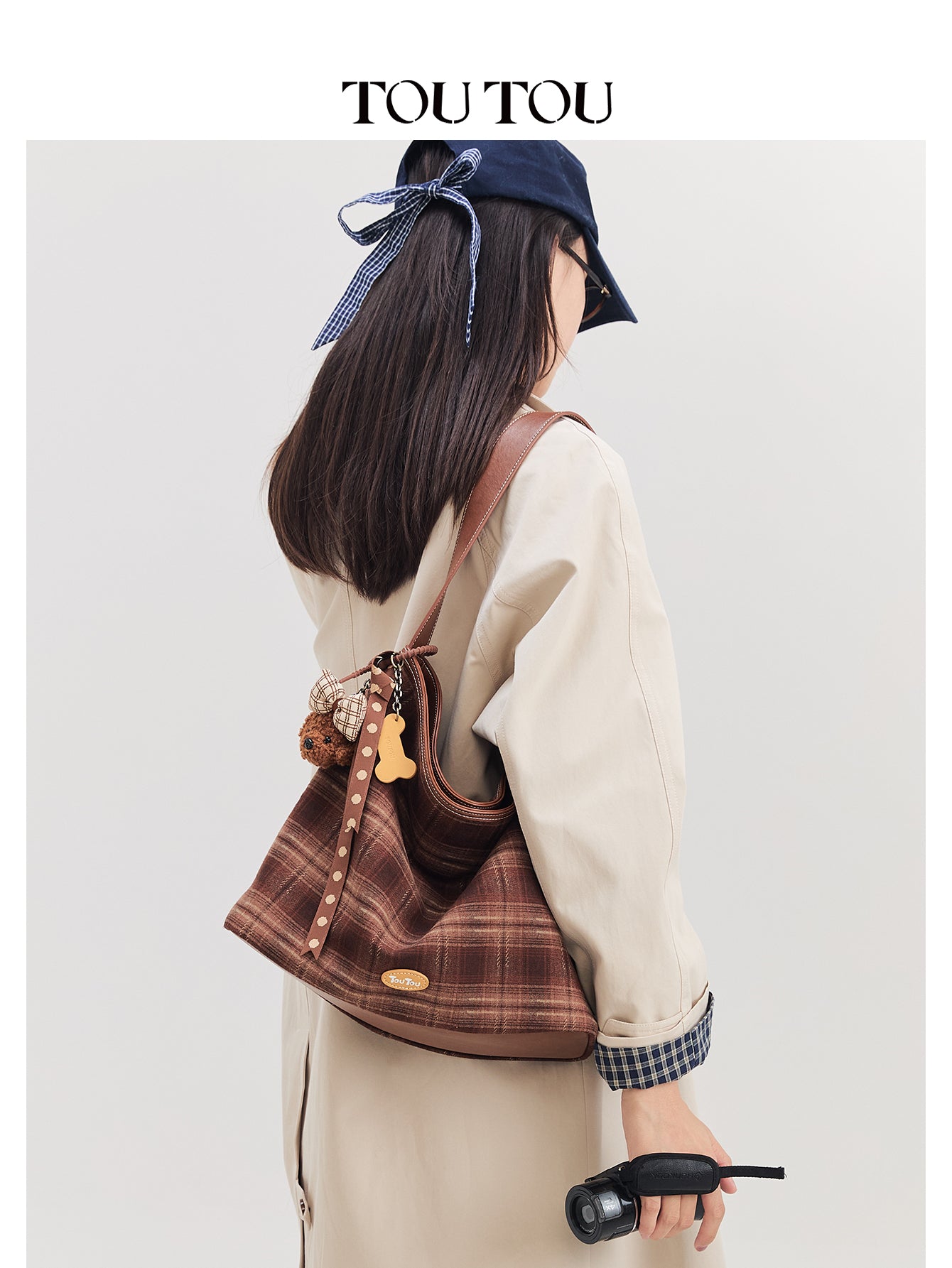 TOUTOU Plaid Hobo Bag for Women - Plush Teddy Pendant, Large Capacity Tote Fits 13" Laptop