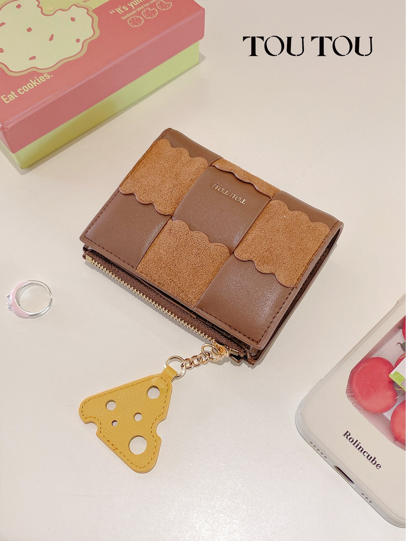 TOUTOU Patchwork Wallet with Cheese Pendant: Chic & Functional