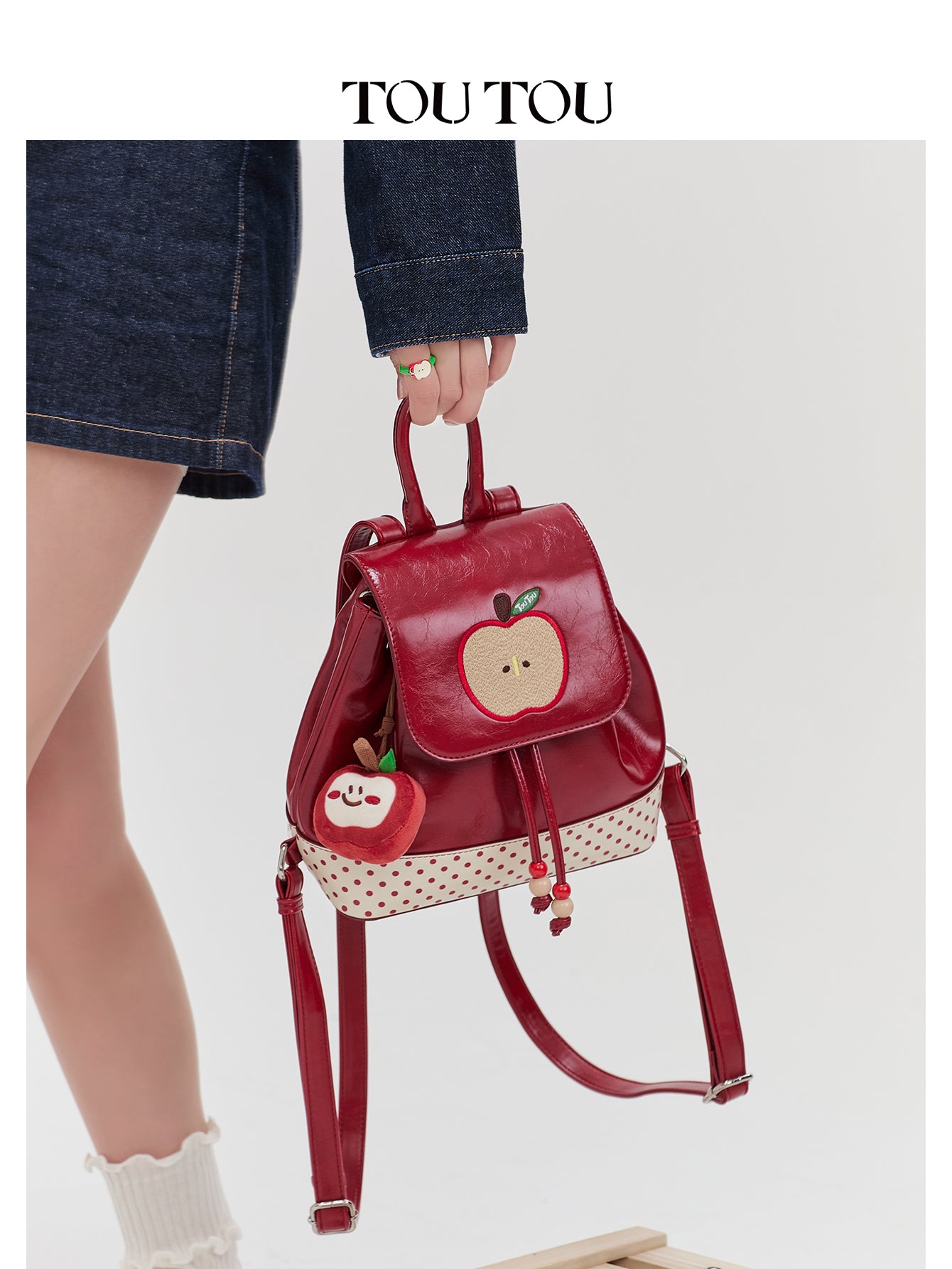 TOUTOU Cute Apple Embroidered Mini Backpack - Red Synthetic Leather Bag with Plush Pendant