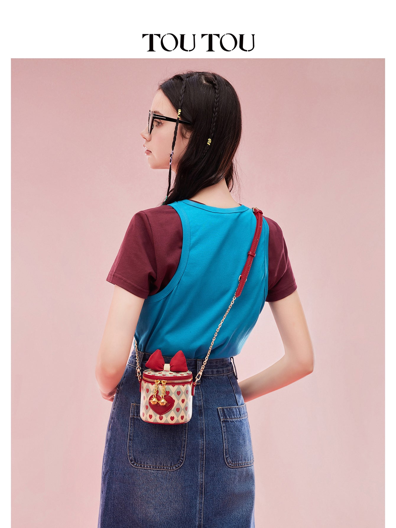 TOUTOU Heart Print Cylinder Crossbody Bag - Cute Bow Decor Mini Shoulder Bag with Chain Strap